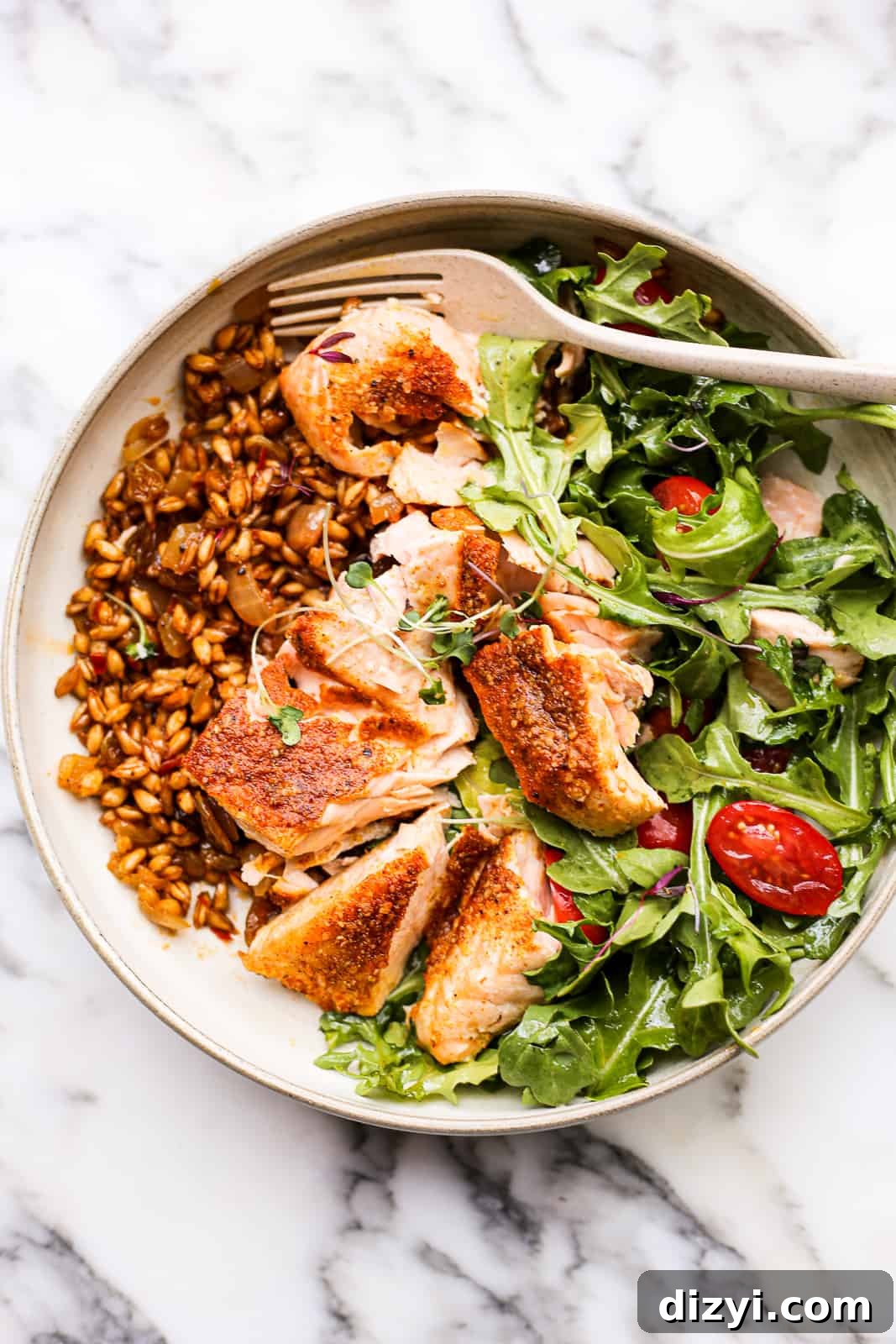 Curried Salmon Farro Bowls - harissa-spiced farro with curry salmon and arugula