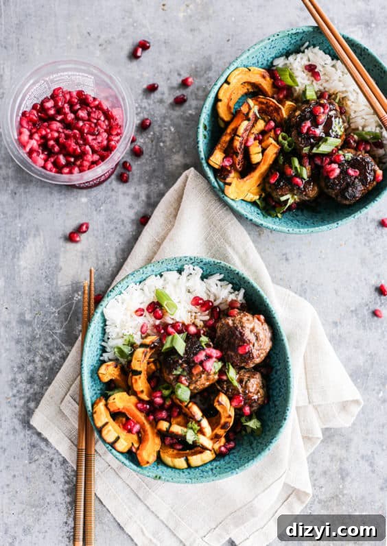 Sticky Pomegranate Meatball Bowls thumbnail