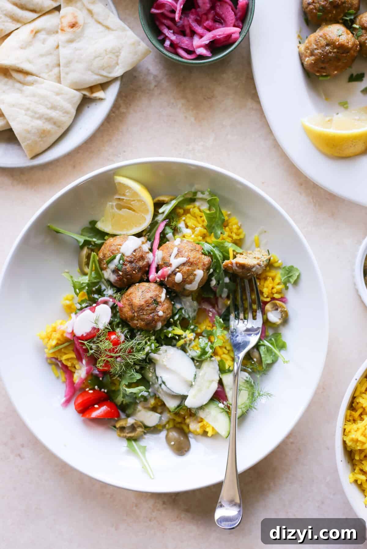 Mediterranean-Inspired Turkey Meatball Bowls - turkey meatballs with Mediterranean sides