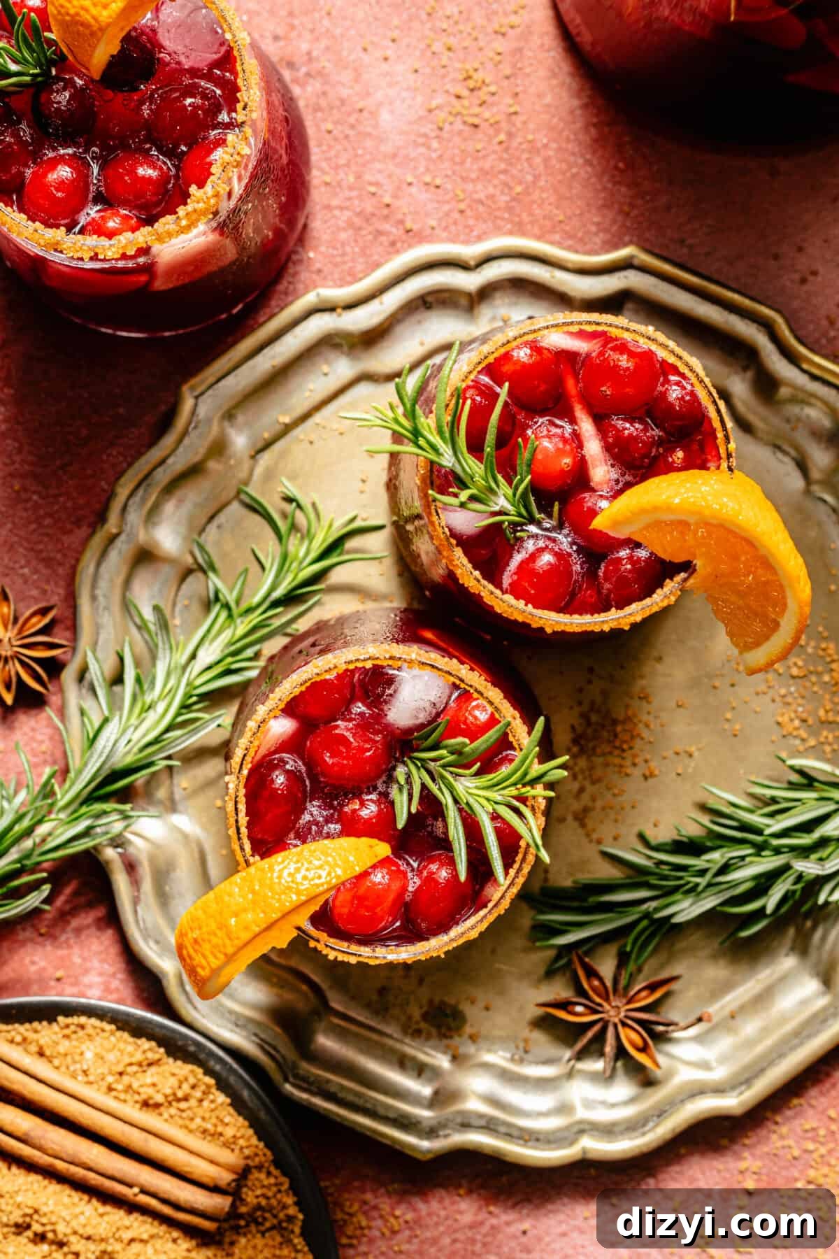 Overhead shot of two glasses of Holiday Sangria.