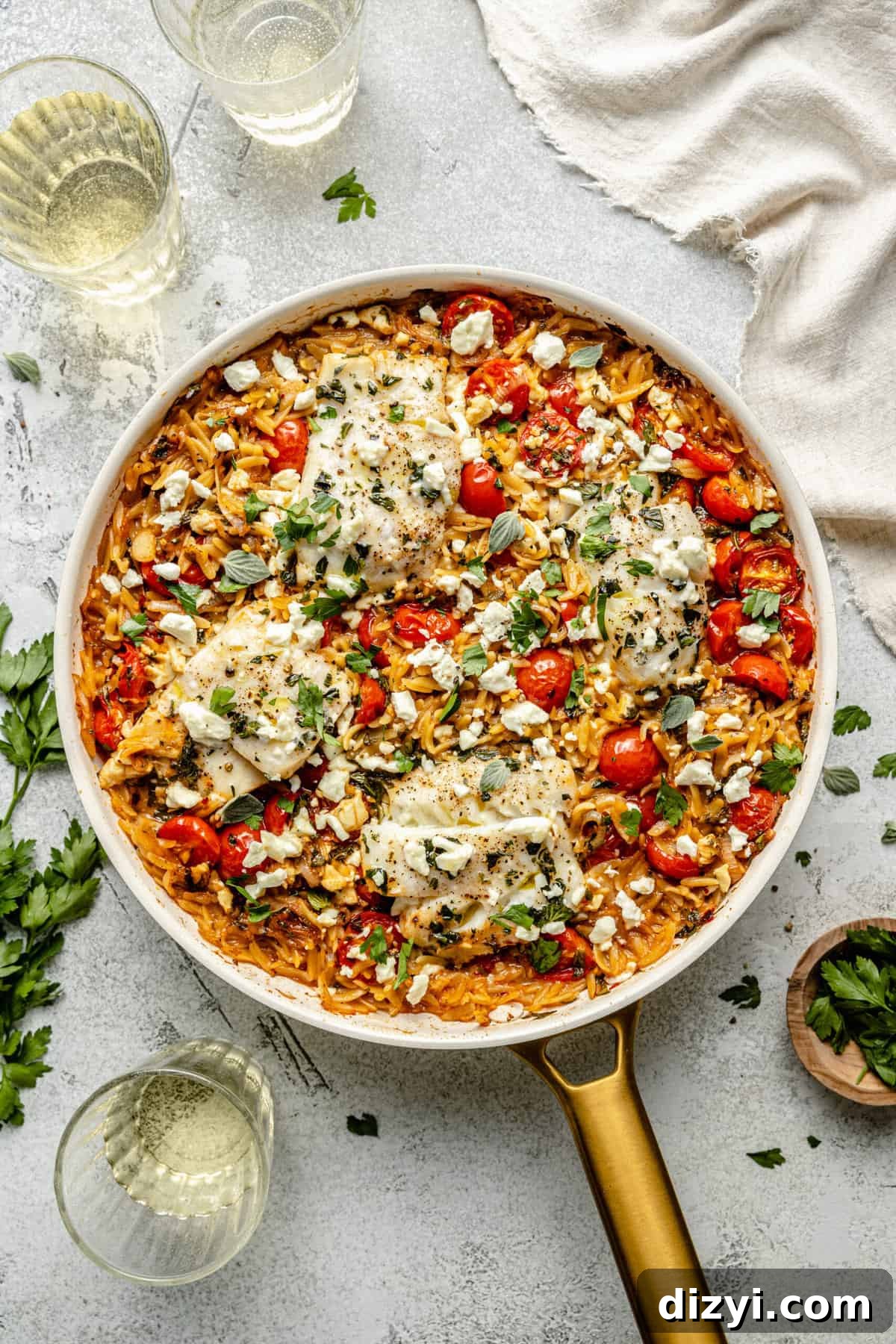 Skillet Orzo and Feta Fish