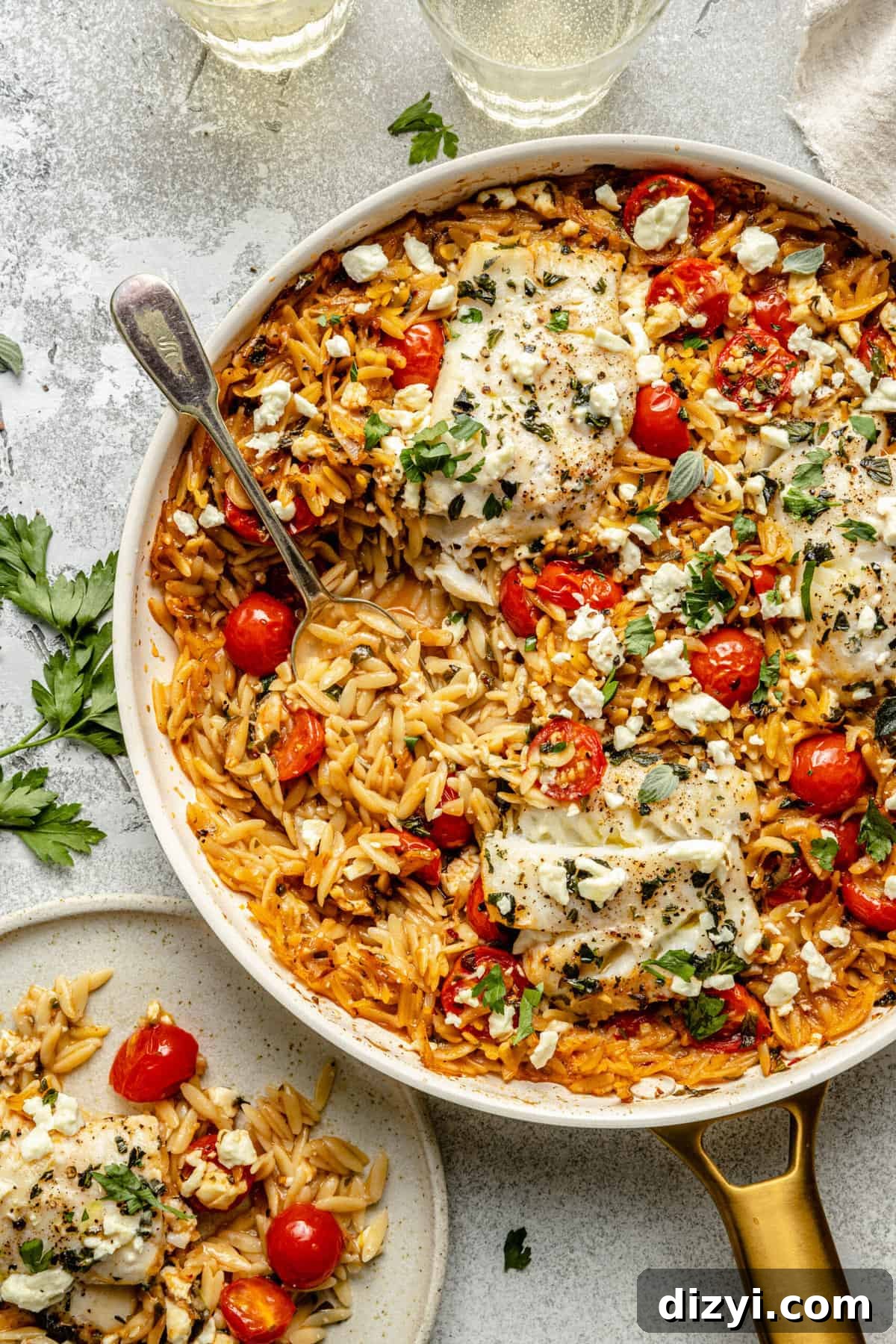 Skillet Orzo and Feta Fish