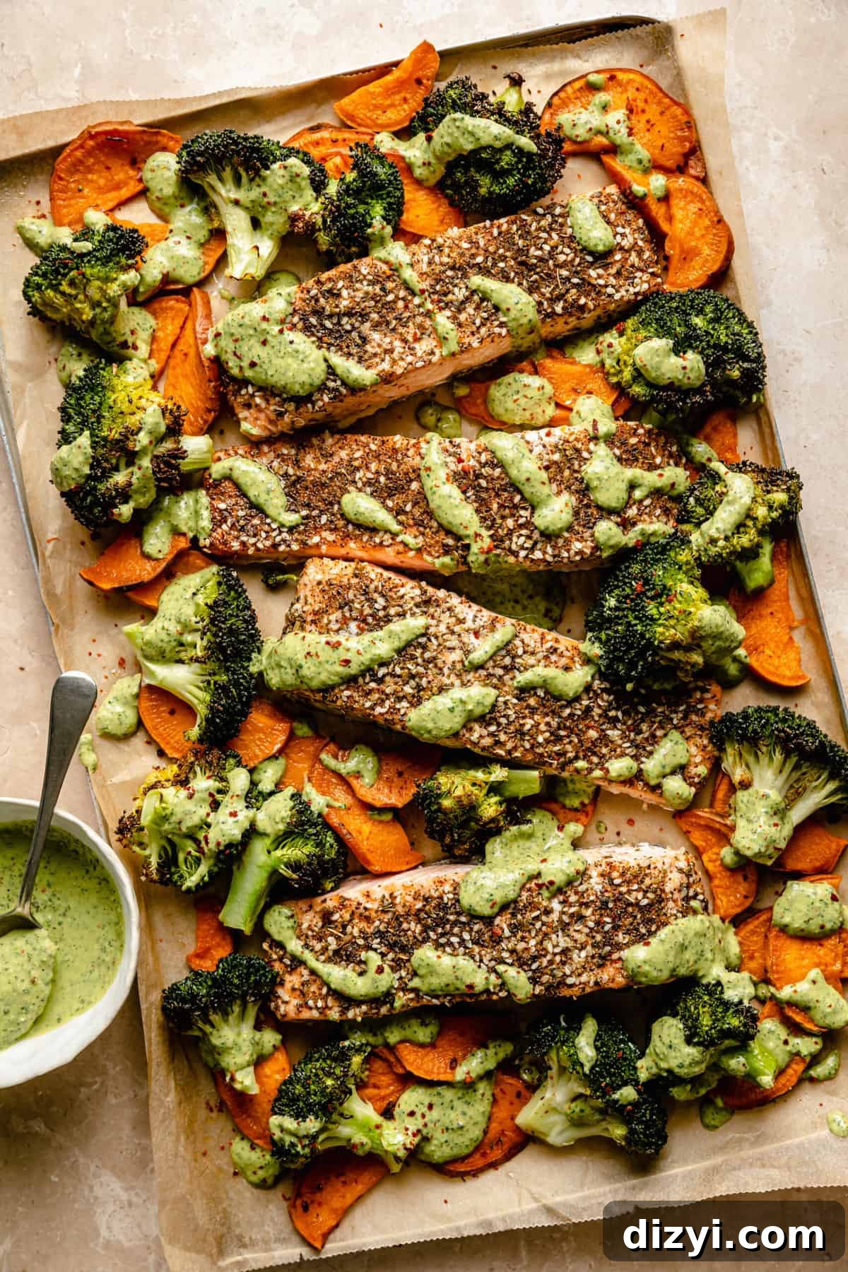 Sheet Pan Salmon with Veggies and Creamy Zhoug Sheet Pan Salmon with Veggies and Creamy Zhoug