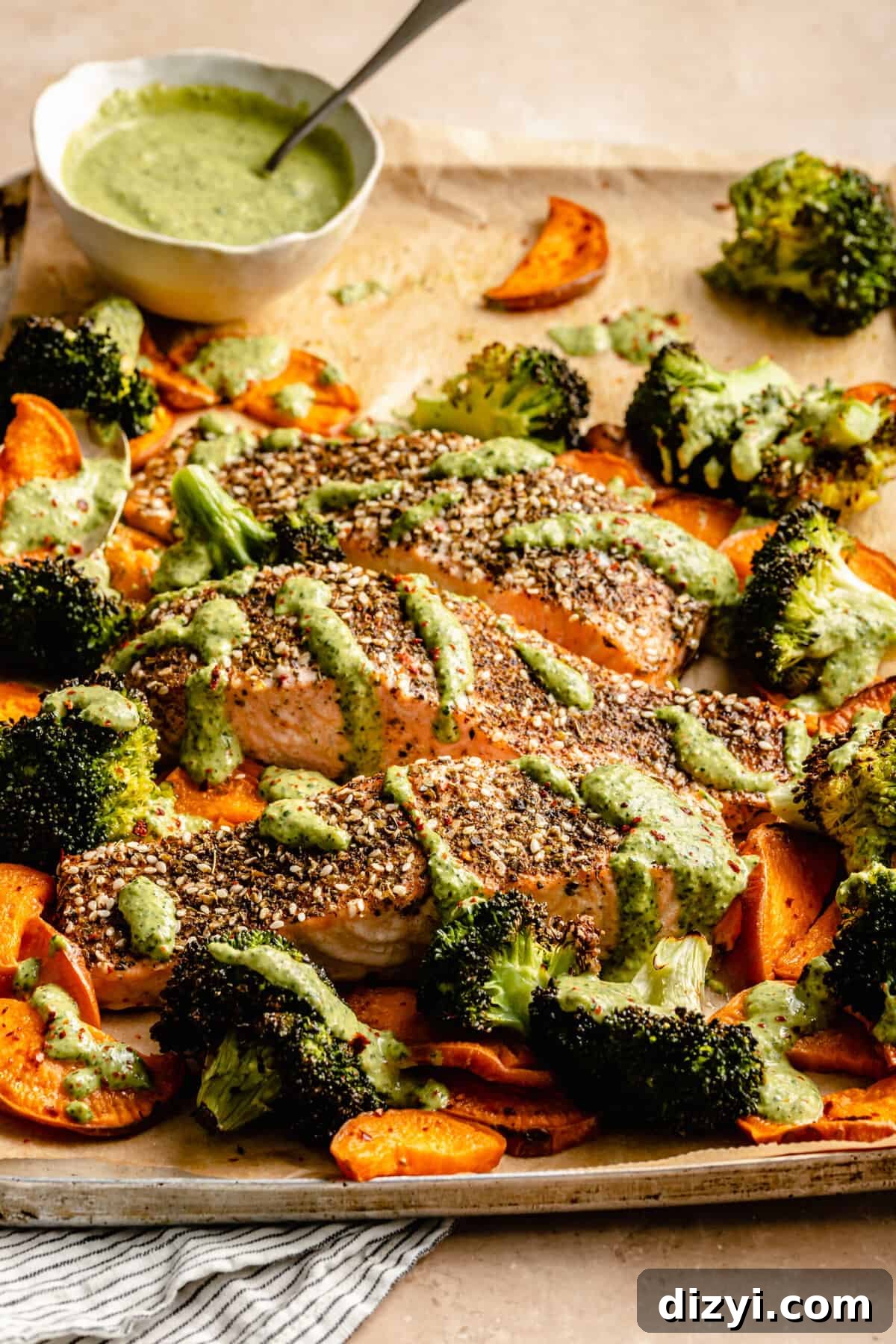 Sheet Pan Salmon with Roasted Vegetables and Creamy Zhoug Sauce 2 Sheet Pan Salmon with Veggies and Creamy Zhoug