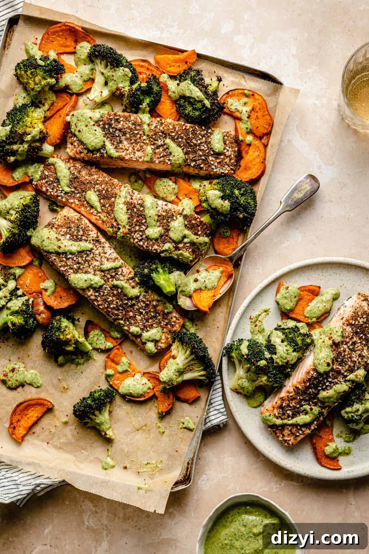 Sheet Pan Salmon with Roasted Vegetables and Creamy Zhoug Sauce 3 Sheet Pan Salmon with Veggies and Creamy Zhoug
