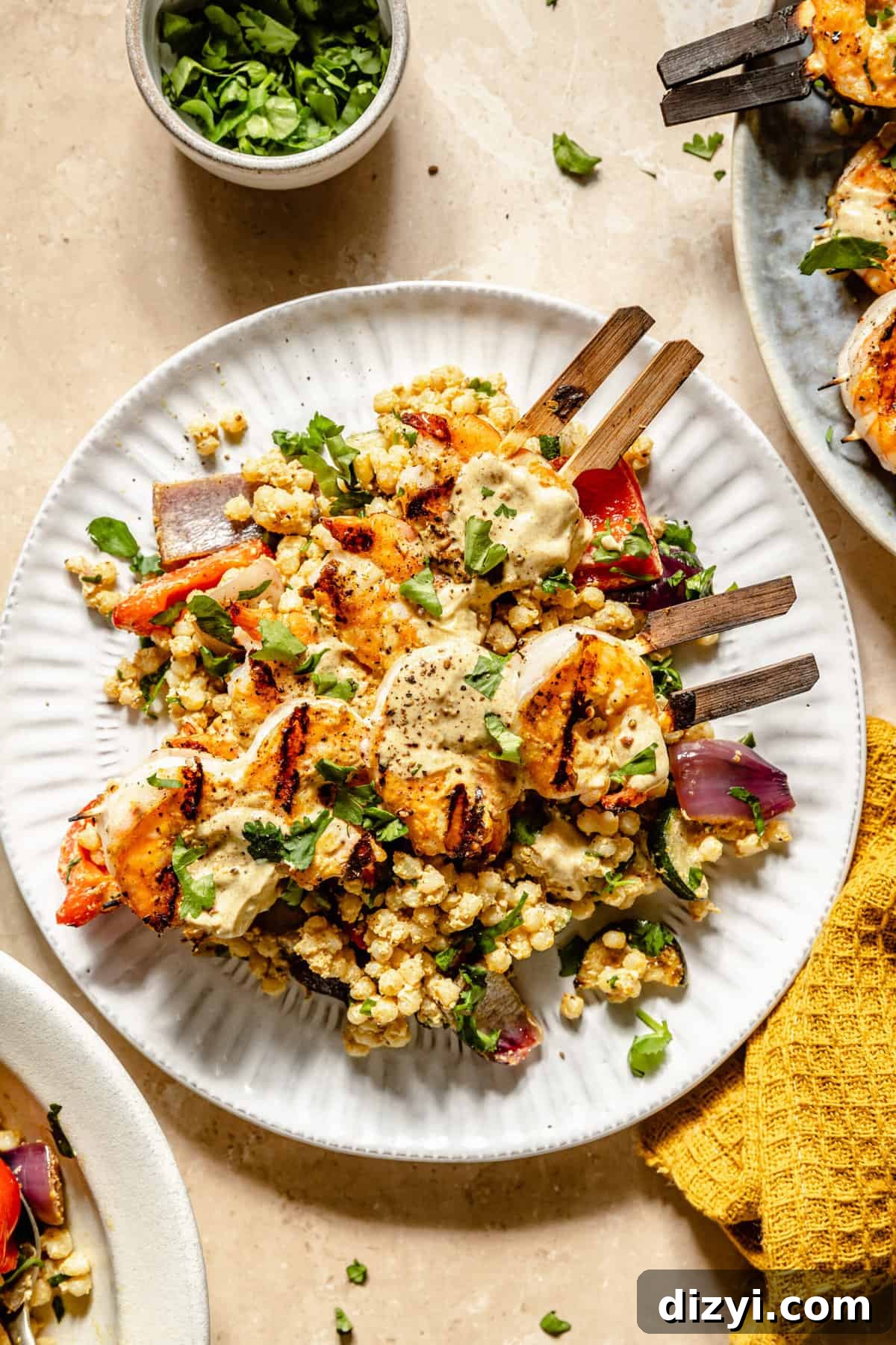 Spicy Curried Shrimp Skewers with Grilled Veggie Couscous