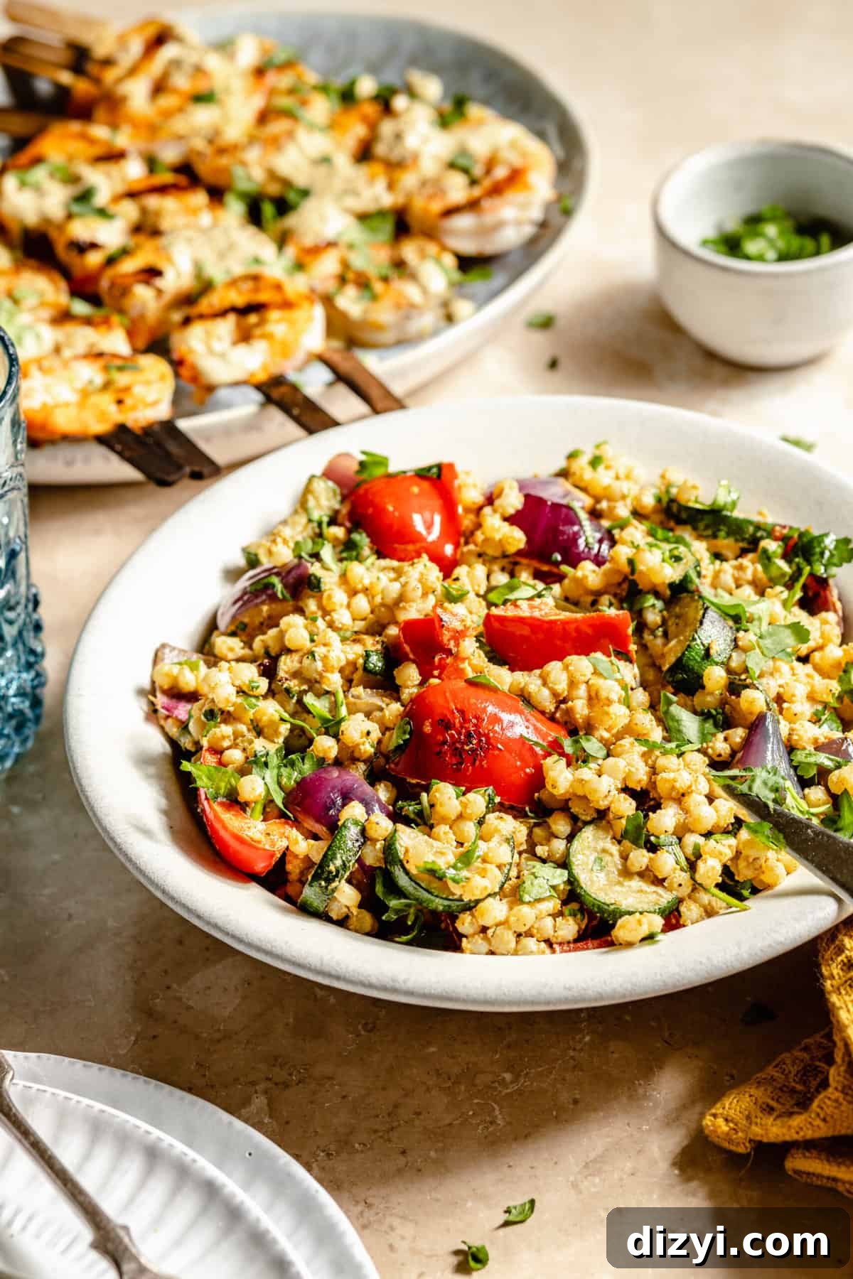 Spicy Curried Shrimp Skewers with Grilled Veggie Couscous