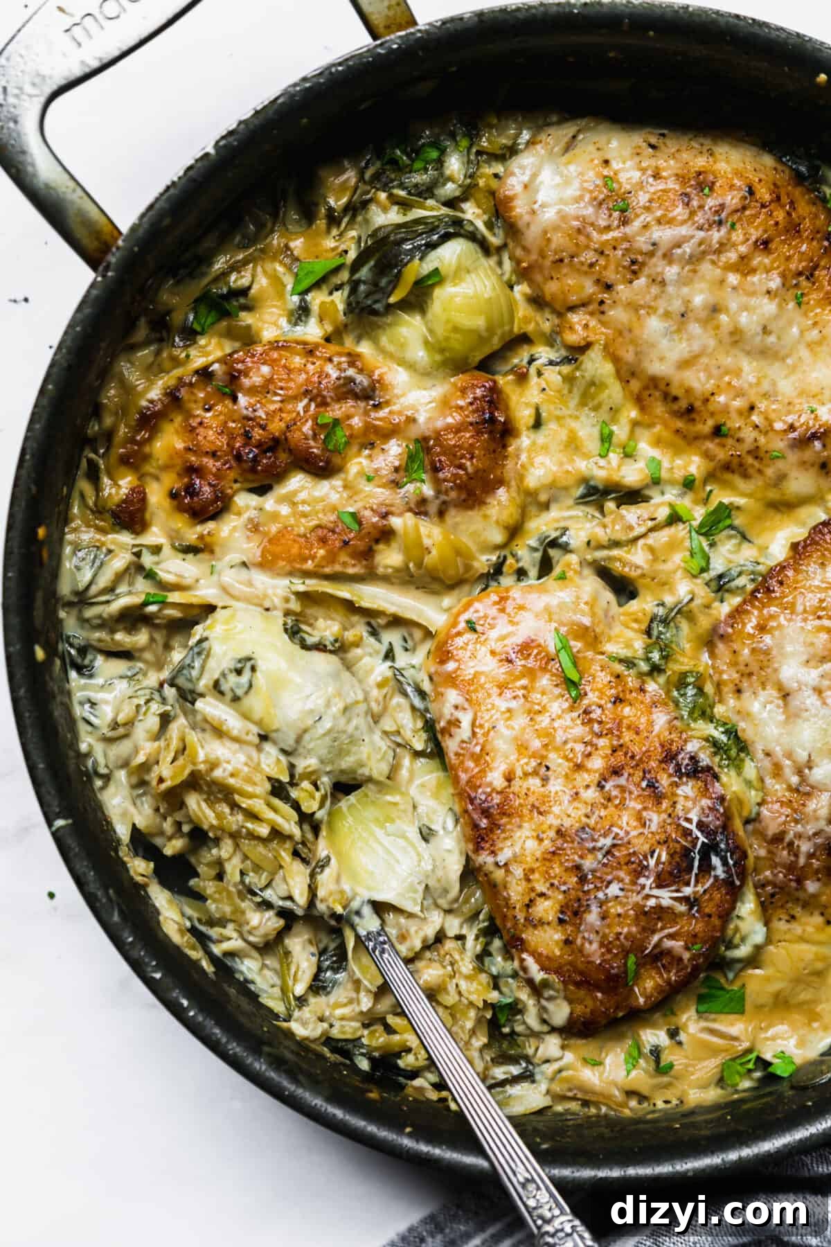 Skillet Chicken Orzo with Spinach and Artichokes 3 Spinach, Artichoke, and Chicken Orzo Skillet