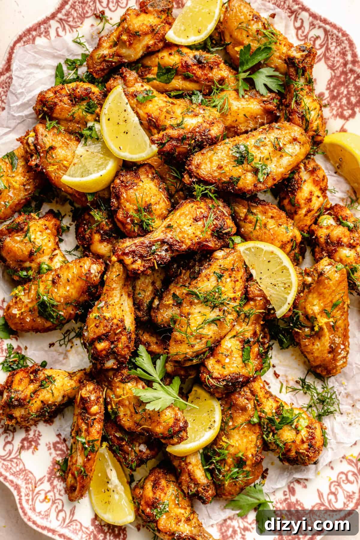 Close up of Greek-Inspired Chicken Wings piled on red and white platter with lemon slices on top.