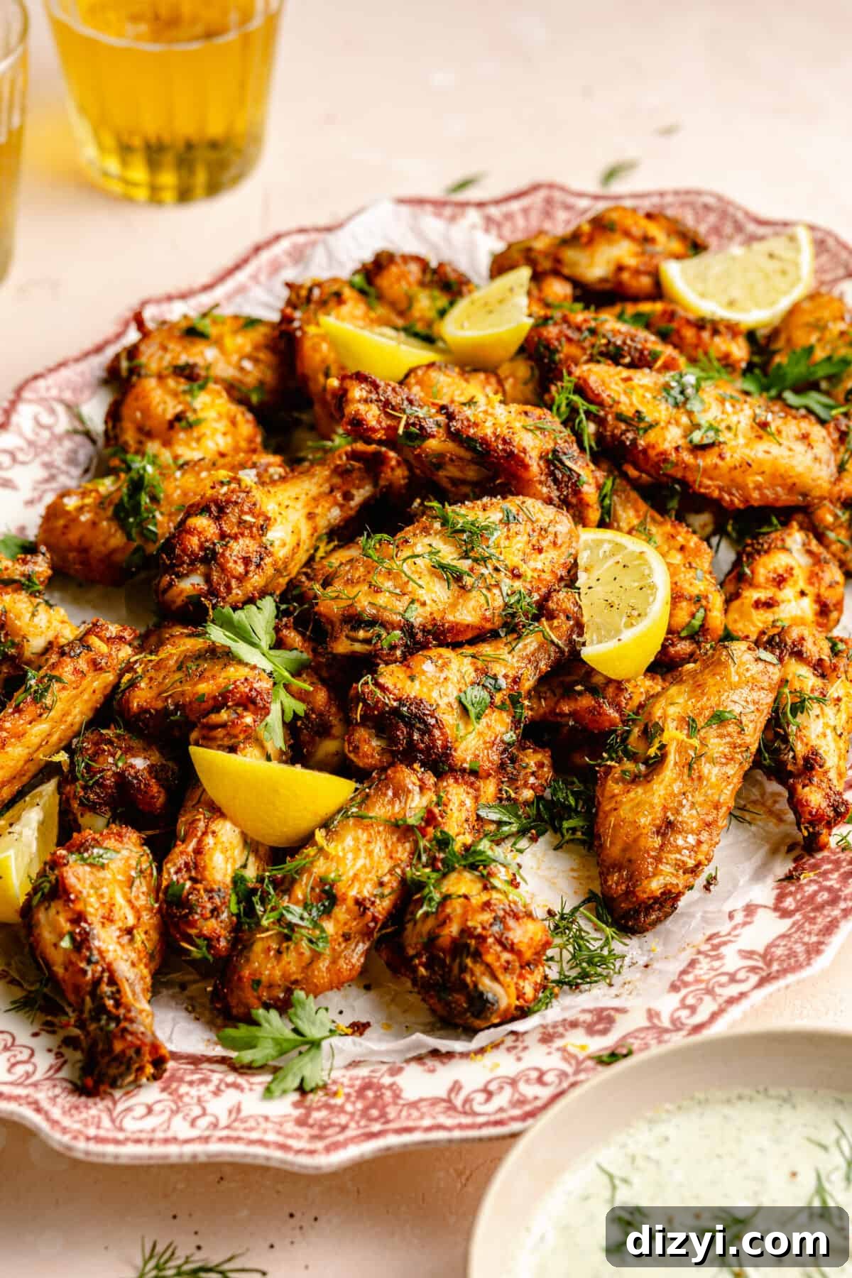 Greek-Inspired Chicken Wings piled on red and white platter with lemon slices on top. Small bowl of feta dipping sauce in bottom corner.