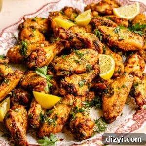 Greek-Inspired Chicken Wings piled on red and white platter with lemon slices on top. Small bowl of feta dipping sauce in bottom corner.