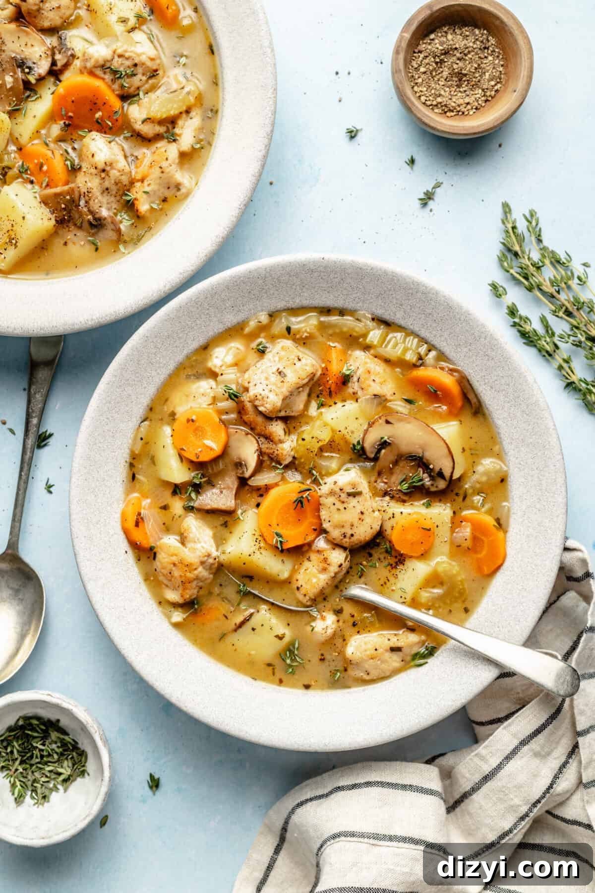 Classic Chicken Stew Recipe with Tender Vegetables 2 White bowl of Classic Chicken Stew with spoon in it. Another bowl of soup peeking in left corner.