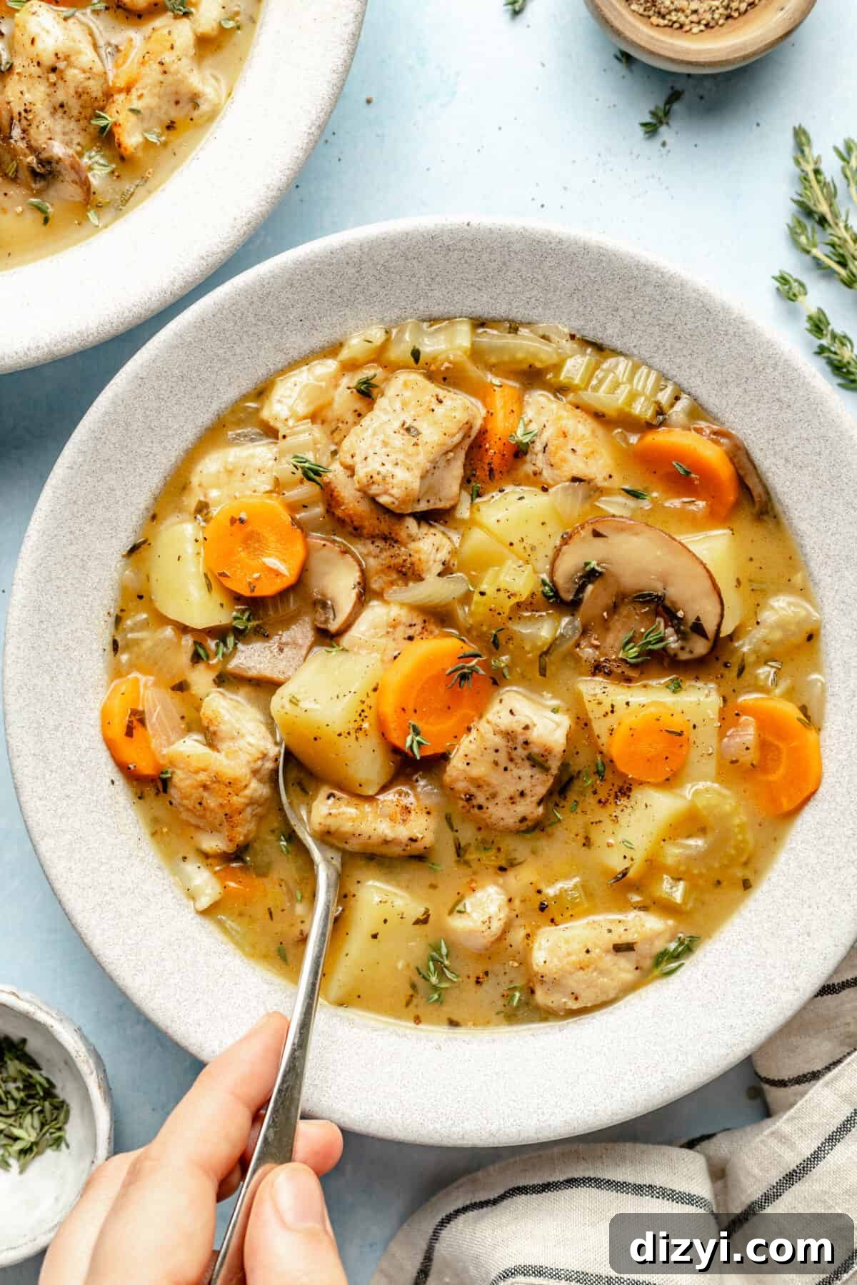 Classic Chicken Stew Recipe with Tender Vegetables 3 White bowl of Classic Chicken Stew. Hand holding spoon going into the bowl.