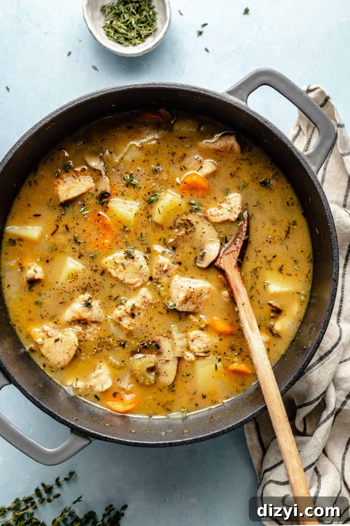Classic Chicken Stew Recipe with Tender Vegetables 7 Classic Chicken Stew in large dutch oven. Spoon resting inside.