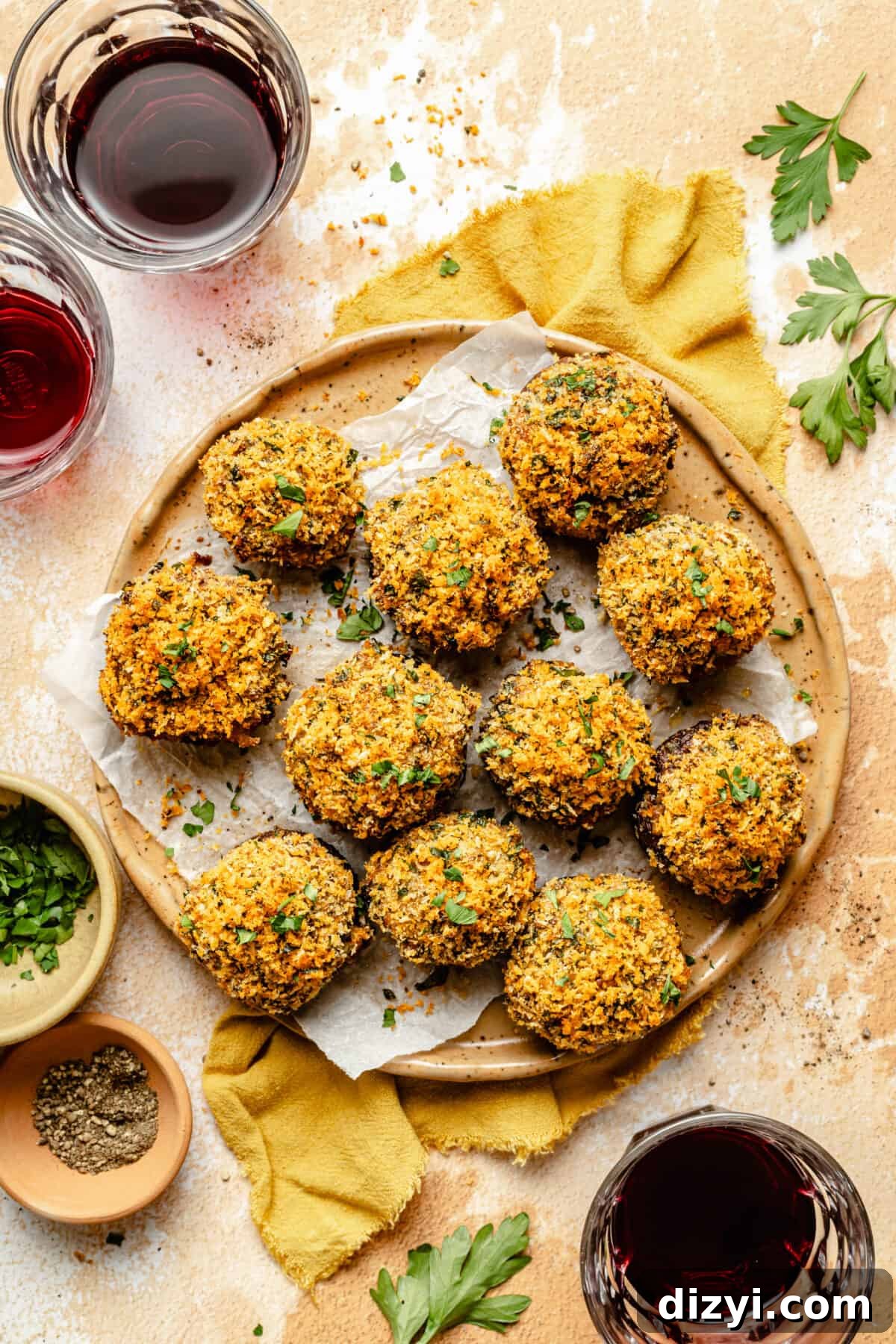 Sausage Stuffed Mushrooms with Garlic and Parmesan 2 Overhead shot of Sausage Stuffed Mushrooms on a round plate. Garnishes surrounding.
