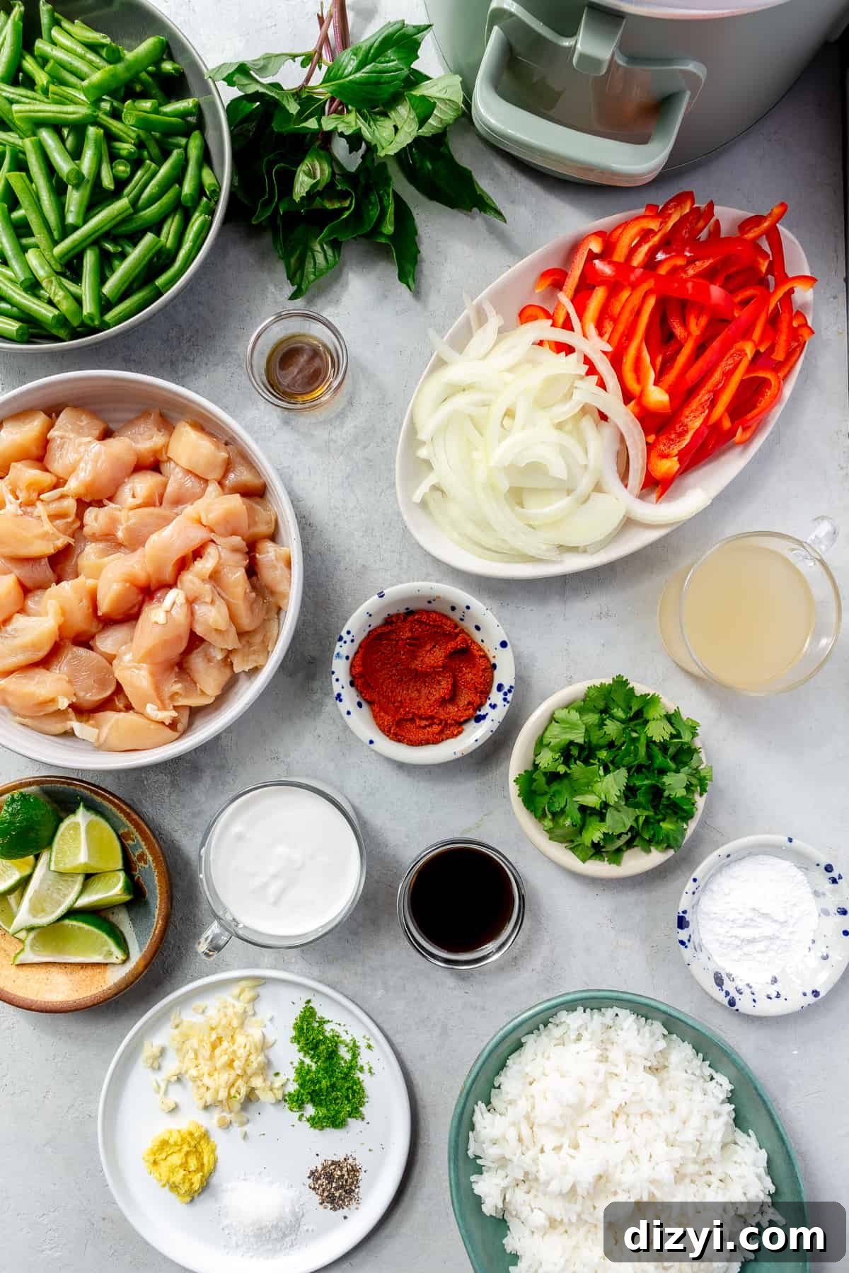 Slow Cooker Thai Red Curry with Chicken and Vegetables 4 Slow Cooker Thai Red Curry Chicken and Veggies ingredients on a gray counter.