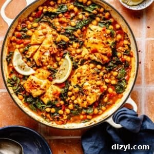 Spanish-Inspired Simmered White Fish in white skillet on tiled counter.
