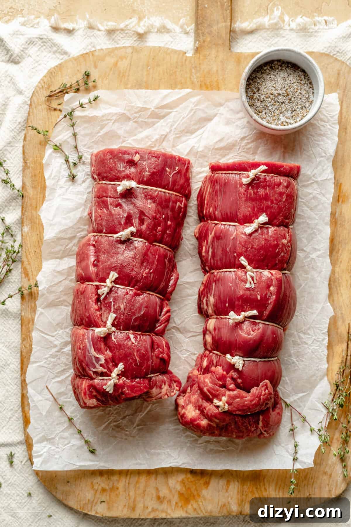 Raw Beef Tenderloin on parchment covered cutting board. Tenderloin secured with kitchen twine.