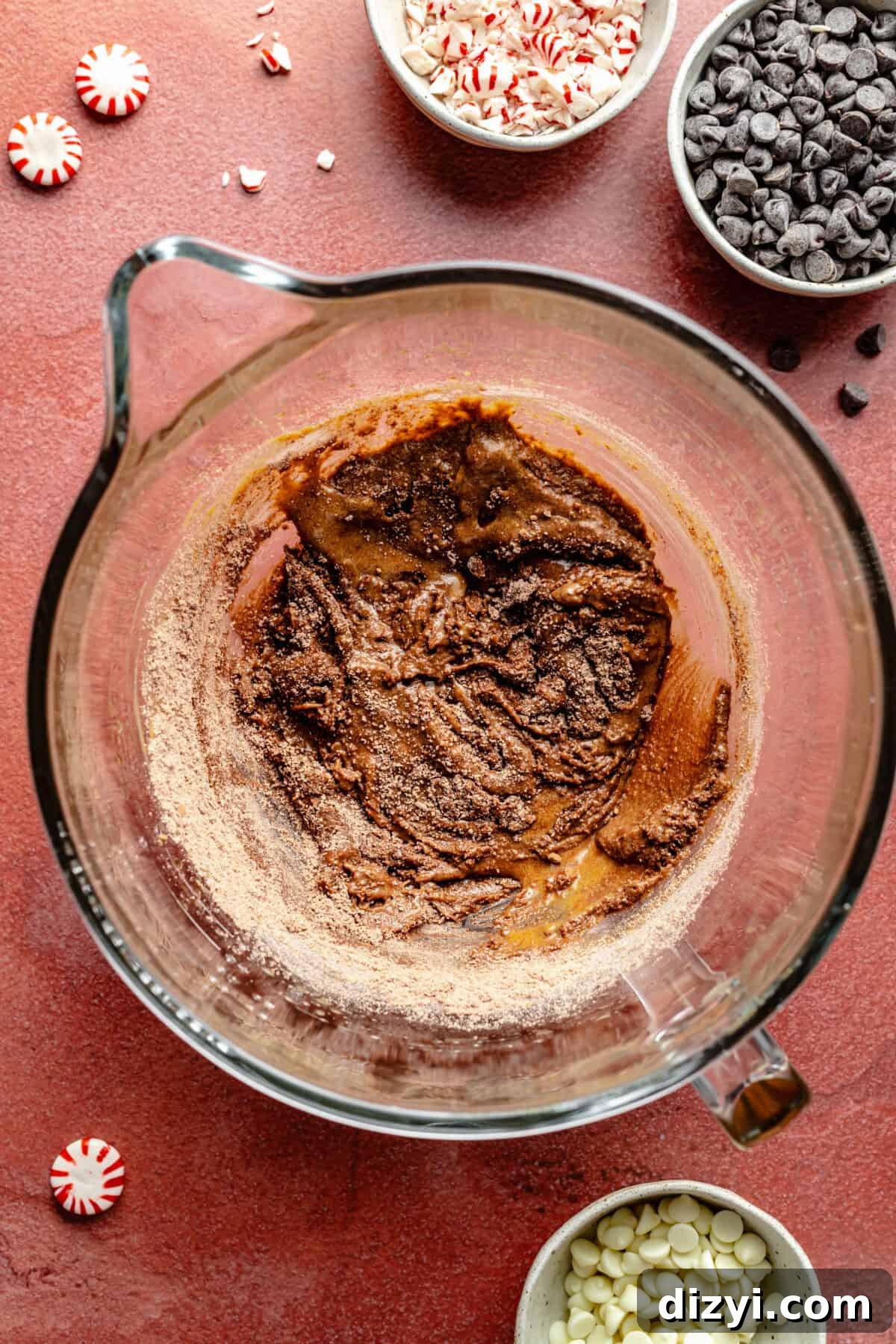 Double Chocolate Peppermint Cookie dough in a mixing bowl.