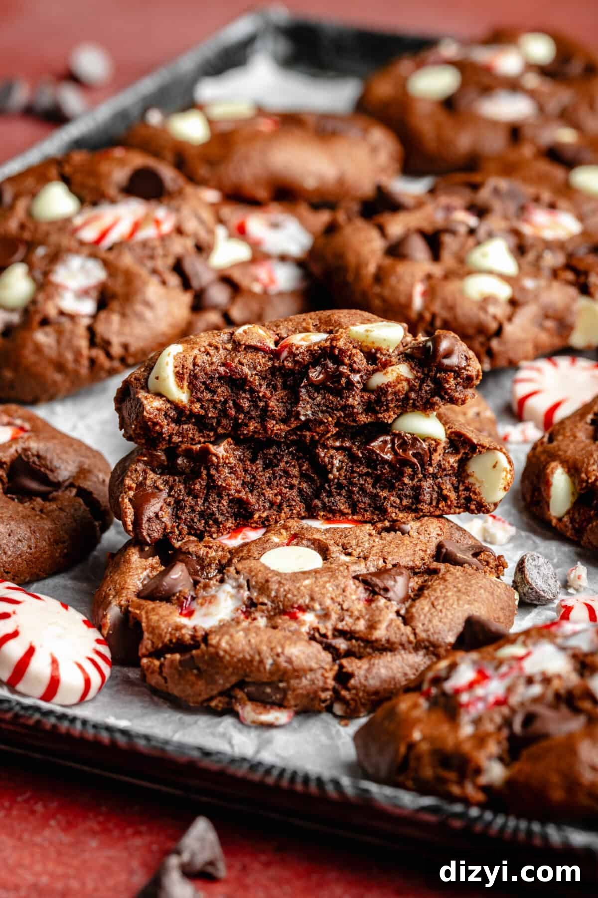 Cookies stacked on top of each other on a sheet pan. Bites taken out of two cookies.
