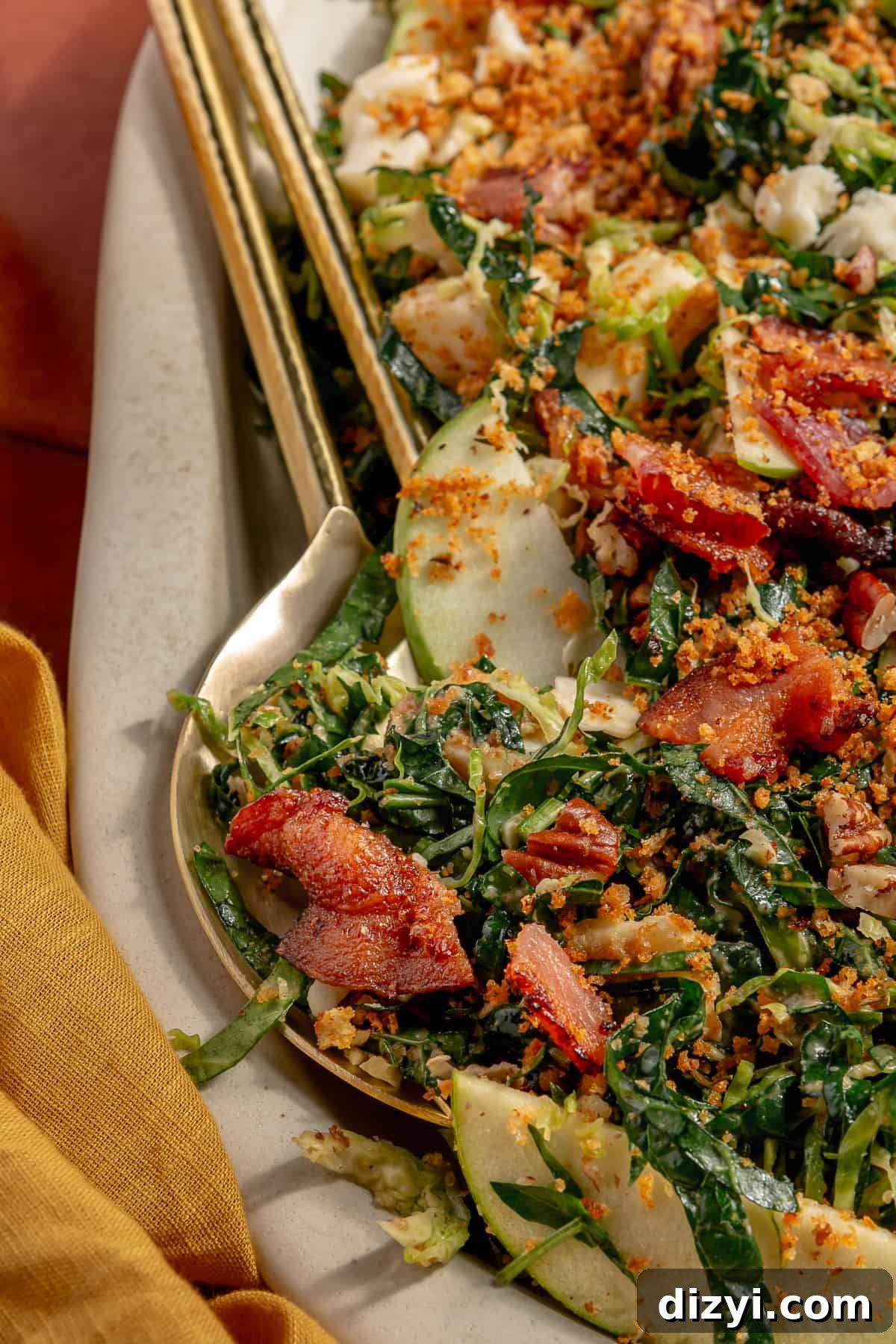 Close up of Bacon Brussels Crunch Salad on platter.