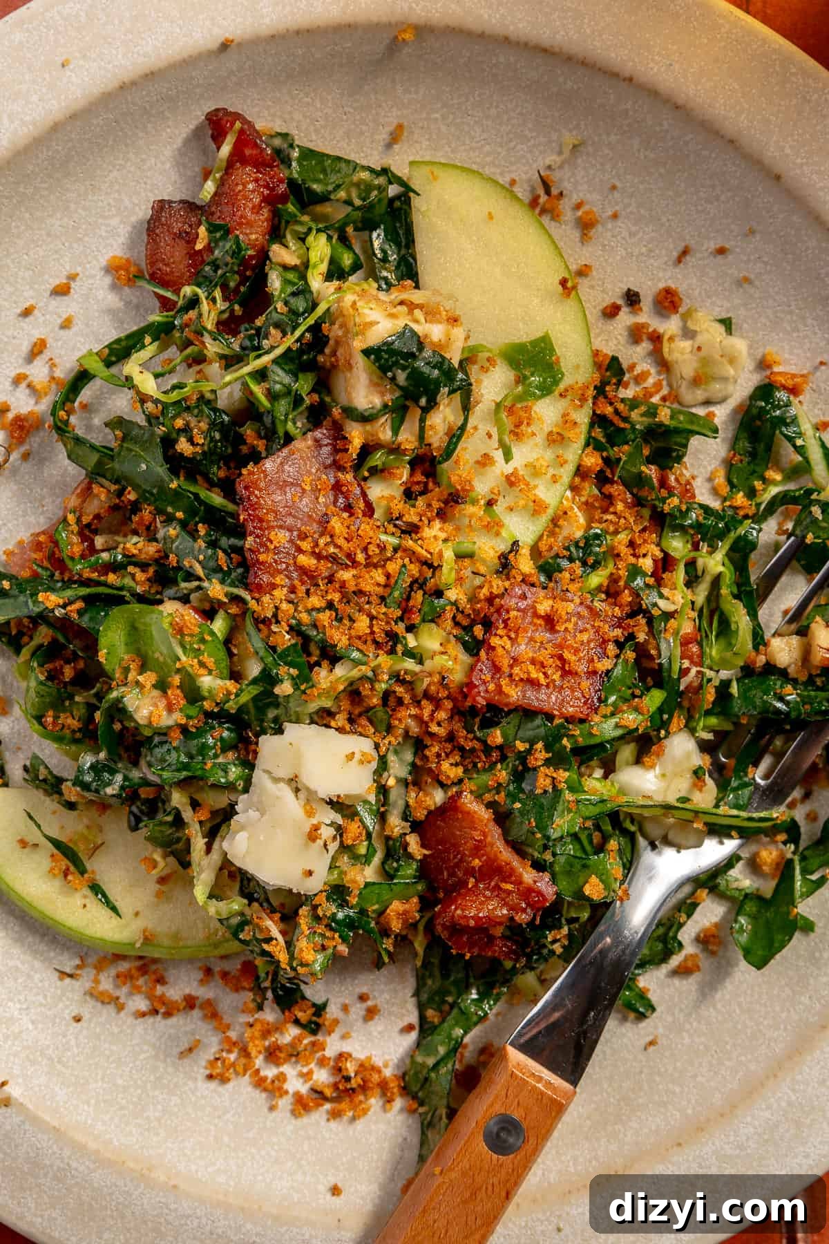 Bacon Brussels Crunch Salad platted on bowl.