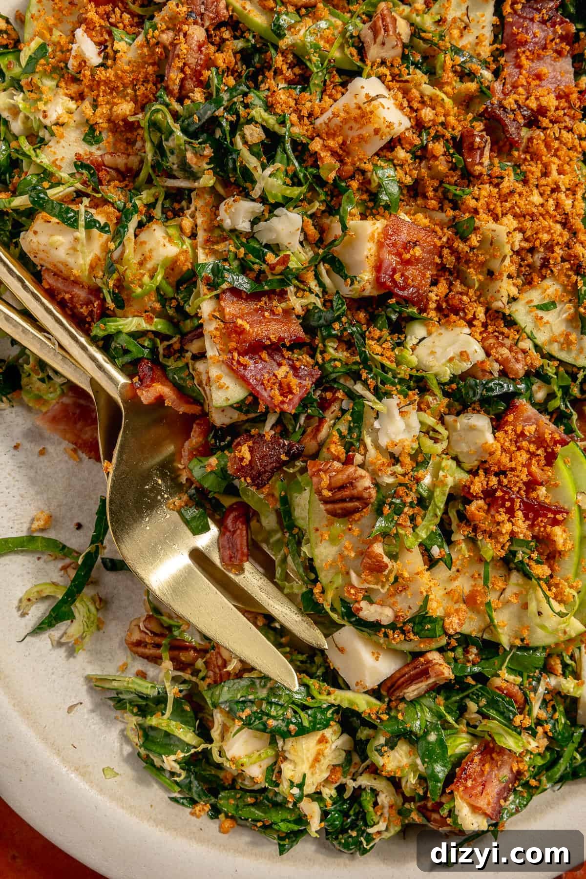 Close up of Bacon Brussels Crunch Salad on platter.