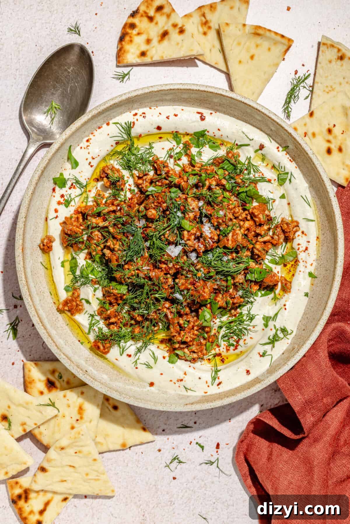 Spicy Lamb and Roasted Eggplant Labneh Recipe 2 Spicy Lamb and Eggplant Labneh in a low bowl. Pita scattered around.
