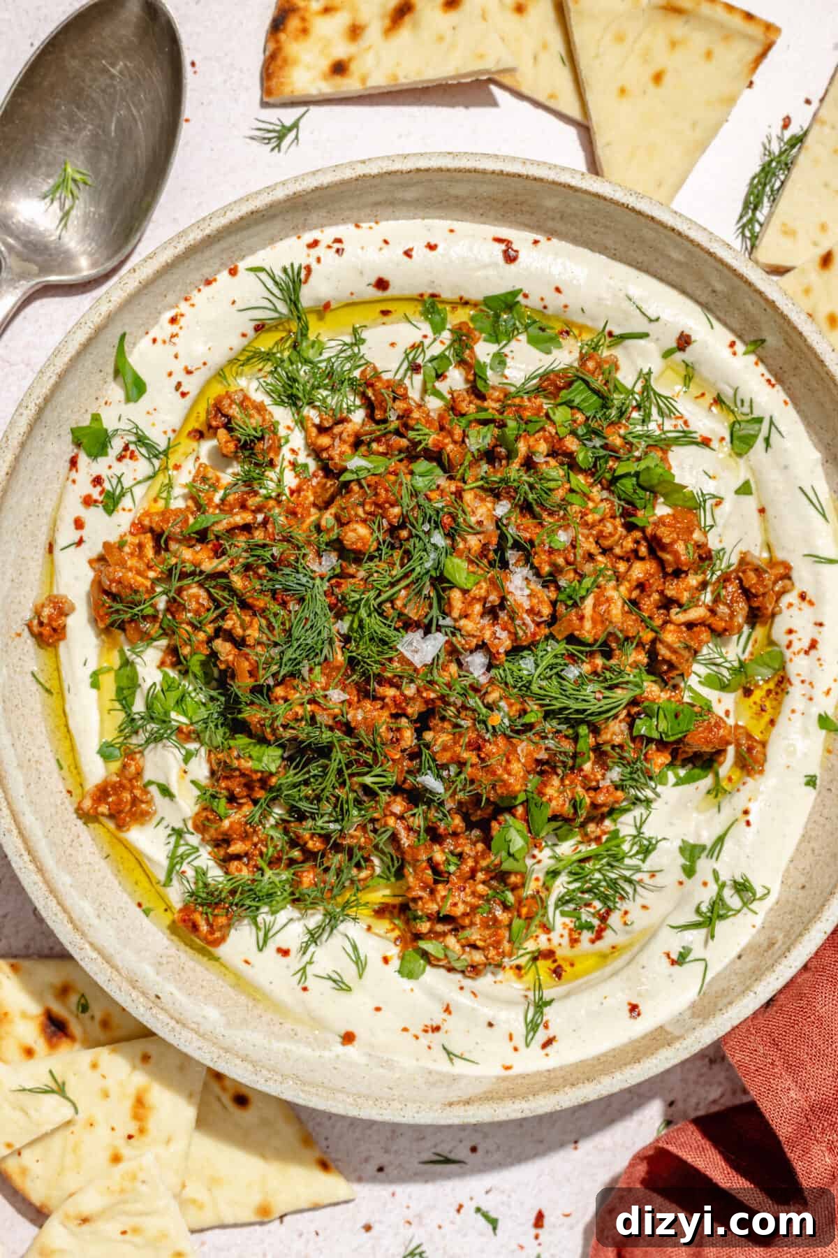 Spicy Lamb and Roasted Eggplant Labneh Recipe 4 Spicy Lamb and Eggplant Labneh in a low bowl. Pita scattered around.