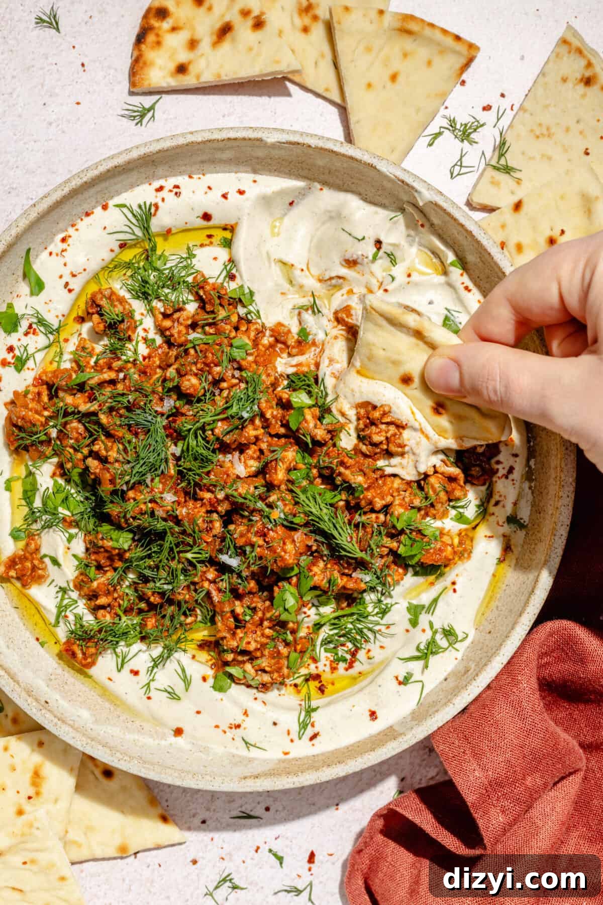 Spicy Lamb and Roasted Eggplant Labneh Recipe 7 Spicy Lamb and Eggplant Labneh in a low bowl. Hand dipping pita into bowl.