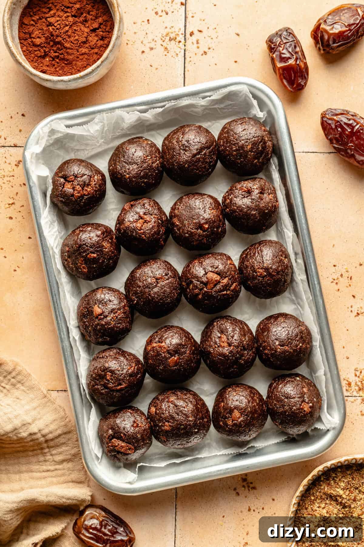 Thin Mint Energy Bites rolled and placed on baking sheet. Not covered in chocolate.