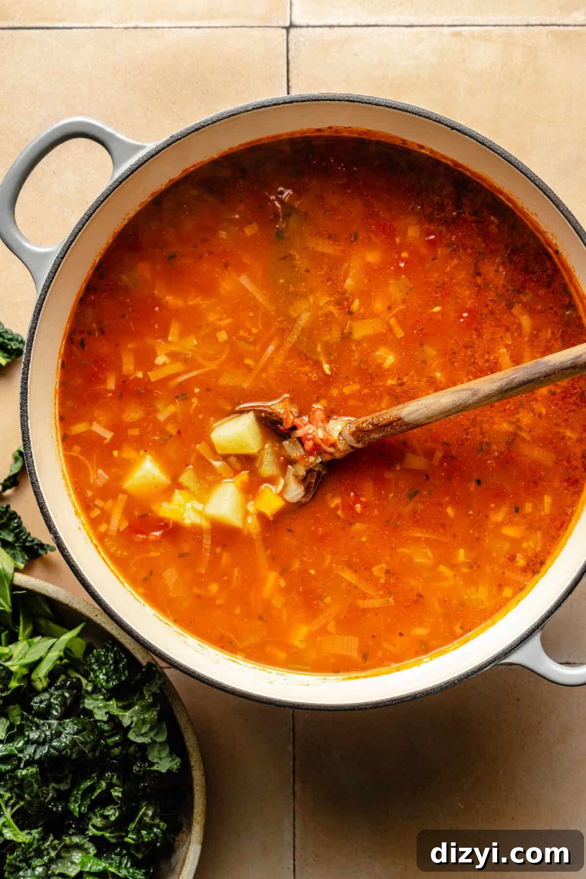 Tuscan Ribollita in dutch oven with just soup base and potatoes.