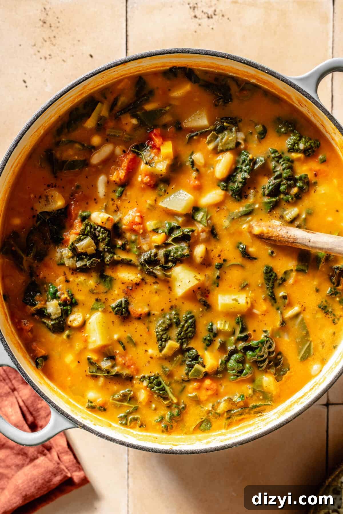 Tuscan Ribollita in white dutch oven.