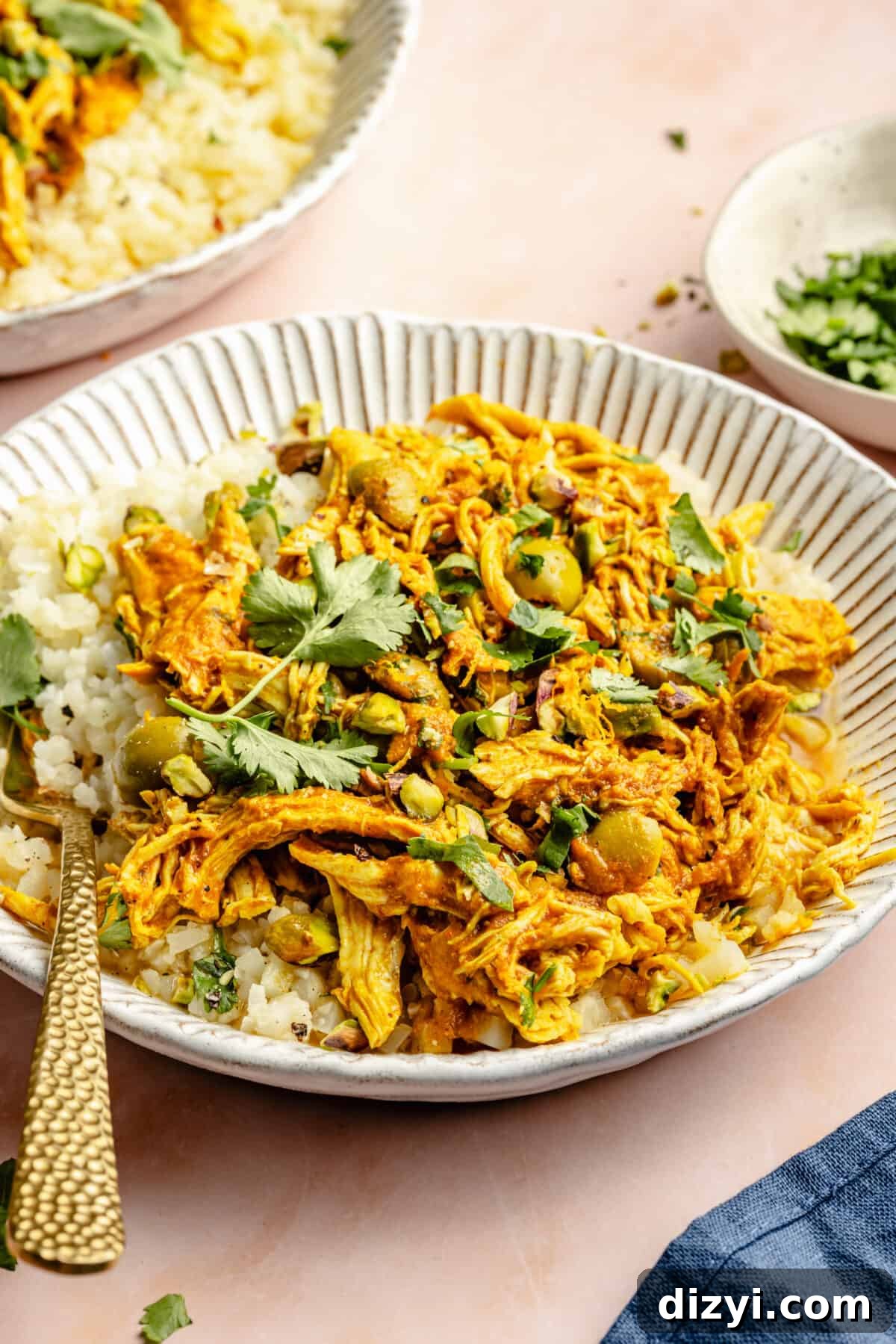 Slow Cooker Chicken Tagine in white bowl with fork.
