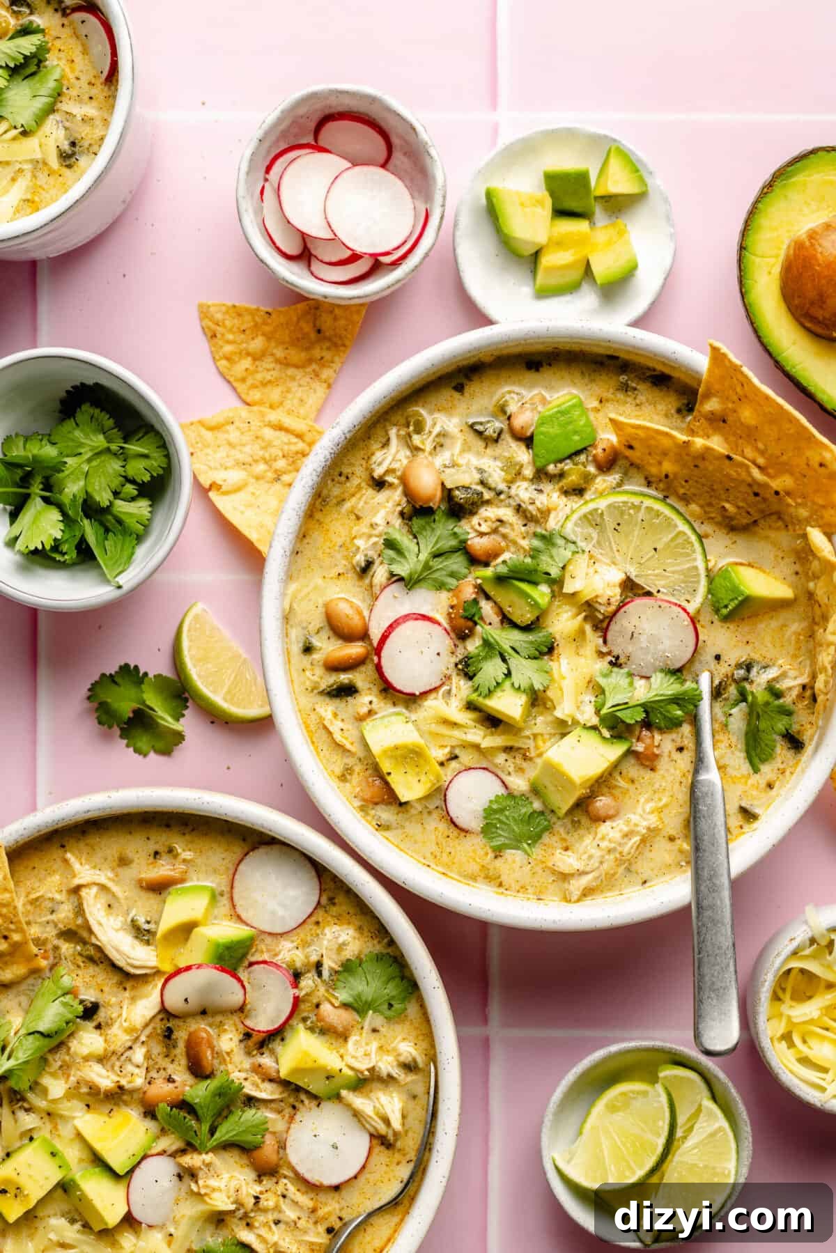 Slow Cooker Green Enchilada Chicken Soup Recipe 3 Slow Cooker Green Enchilada Chicken Soup in two bowls. Garnishes scattered around.