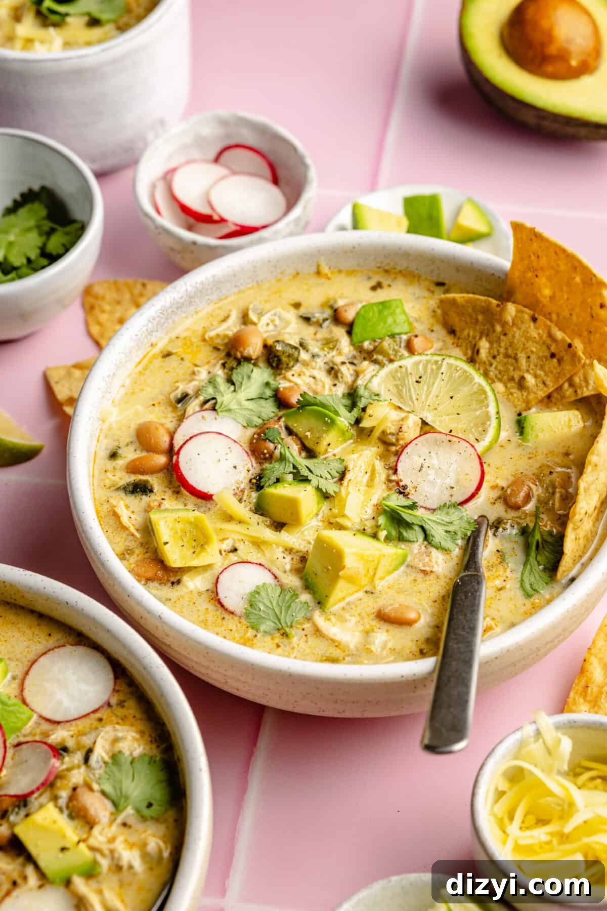 Slow Cooker Green Enchilada Chicken Soup Recipe 4 Slow Cooker Green Enchilada Chicken Soup in two bowls. Garnishes scattered around.