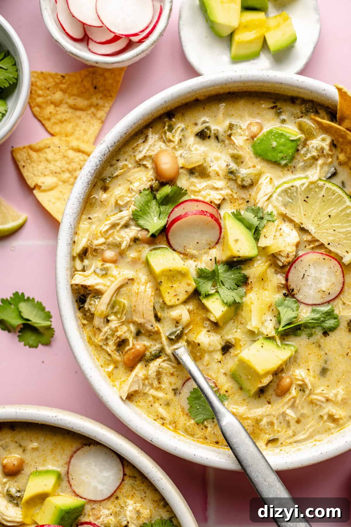 Slow Cooker Green Enchilada Chicken Soup Recipe 7 Slow Cooker Green Enchilada Chicken Soup in two bowls. Garnishes scattered around.