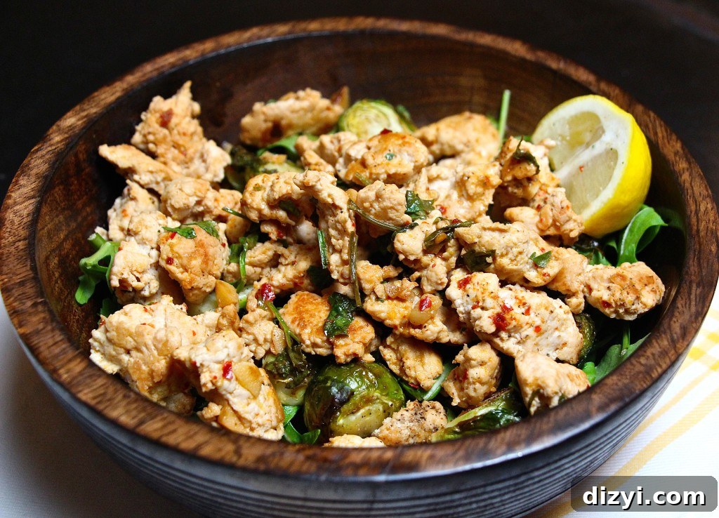 Ground Turkey, Brussels and Arugula Bowl