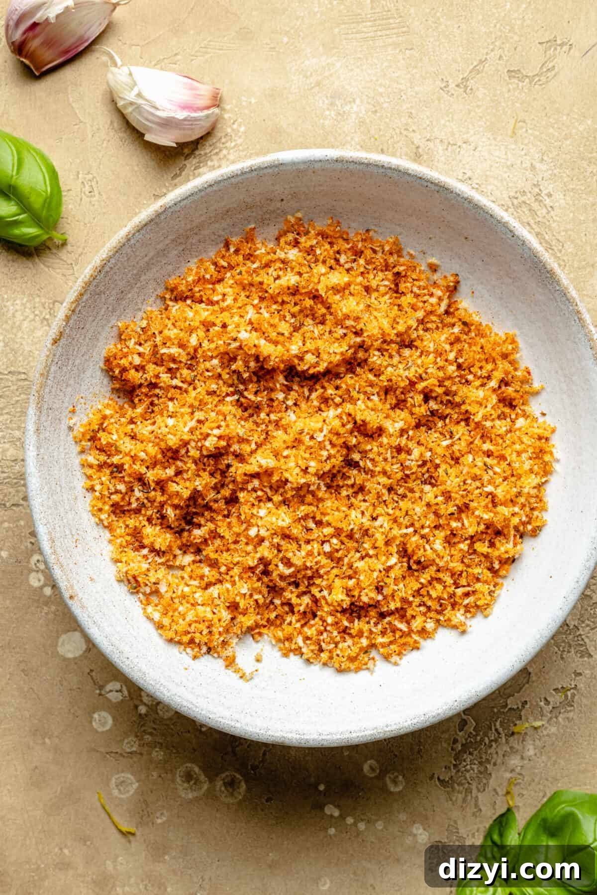 Breadcrumb topping in a white bowl.