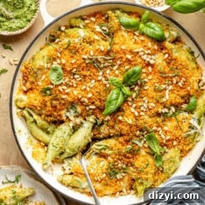 Pesto unstuffed shells, plated.