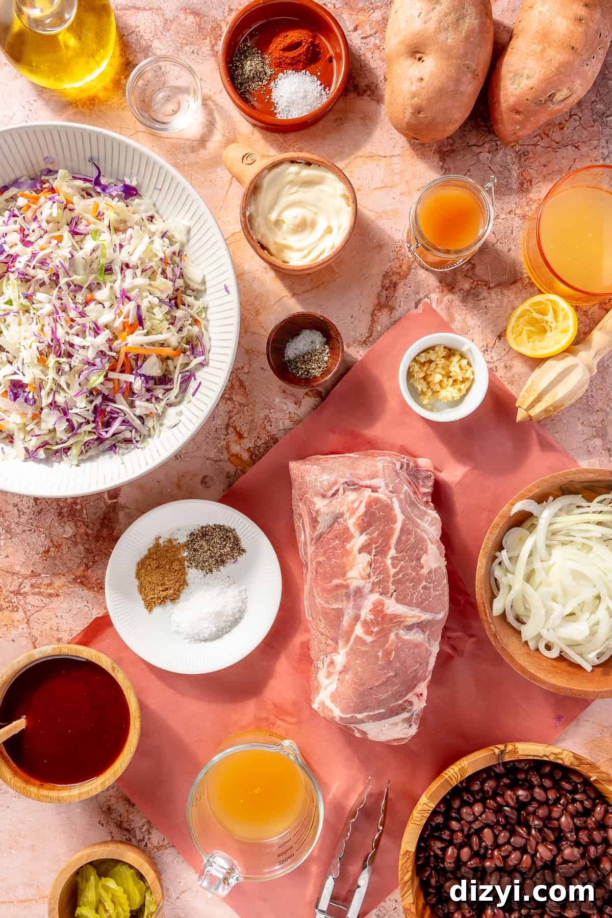 BBQ Pulled Pork Bowl ingredients scattered around.