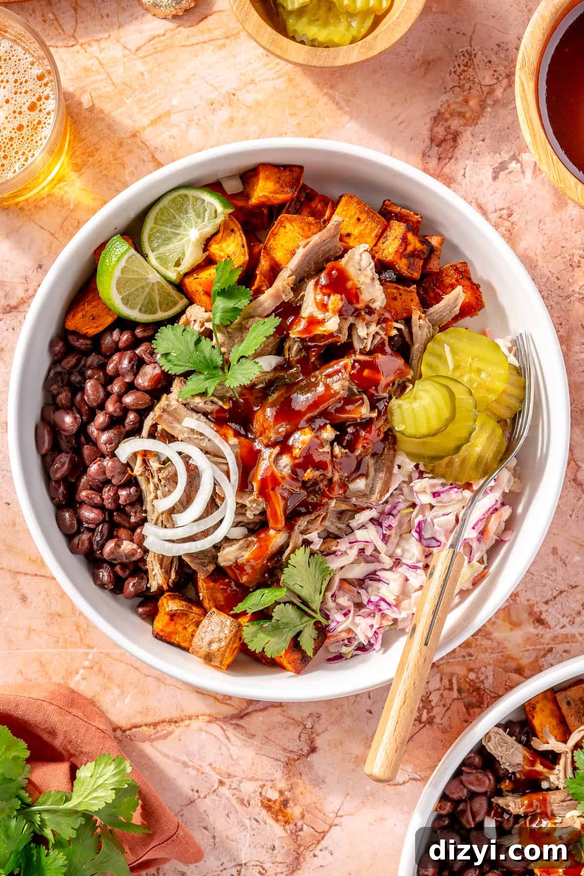 Close up of BBQ Pulled Pork Bowls plated and garnished.