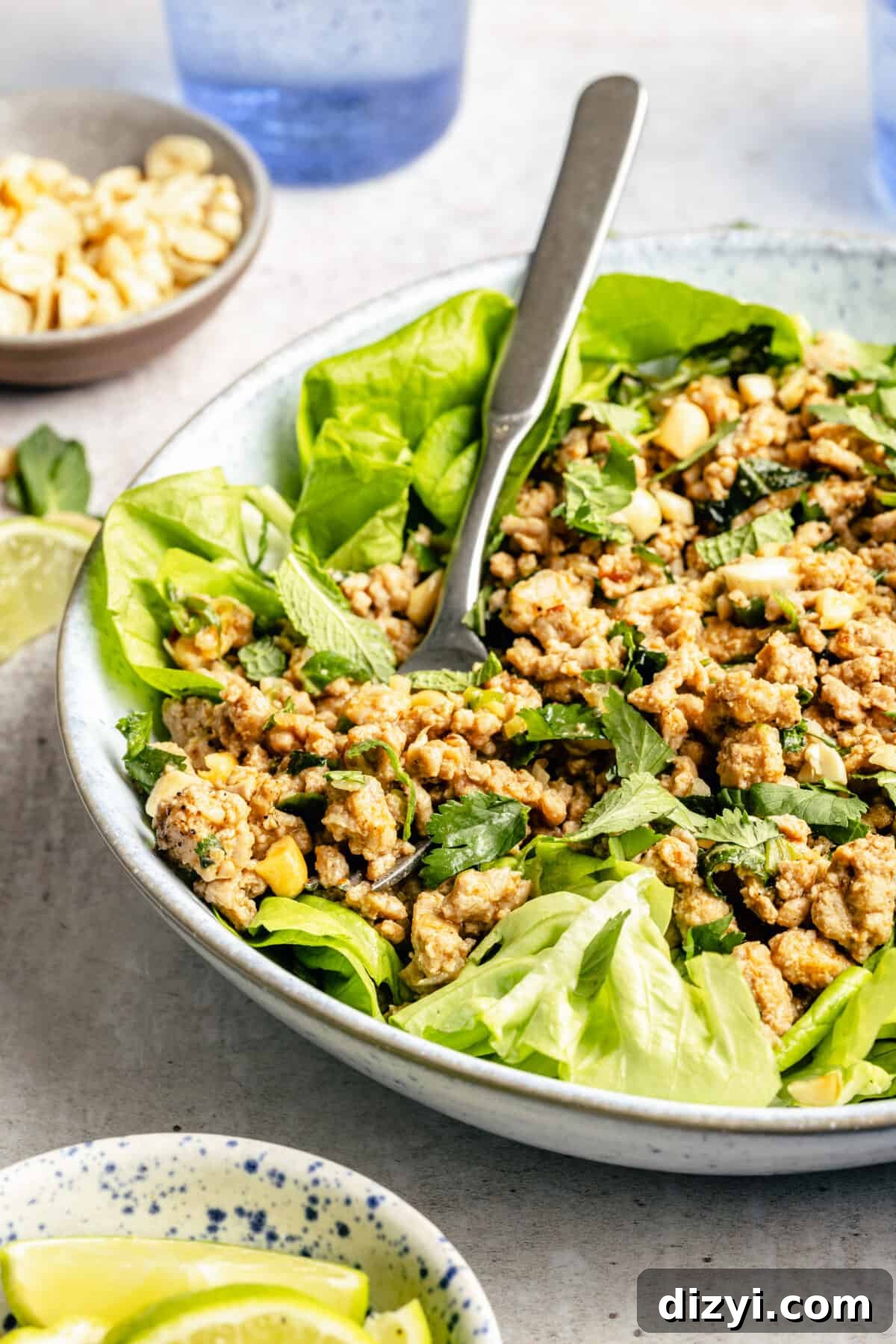 Spicy Miso Chicken Salad with Sesame Dressing 6 Spicy Miso Chicken Salad in white bowl with fork.
