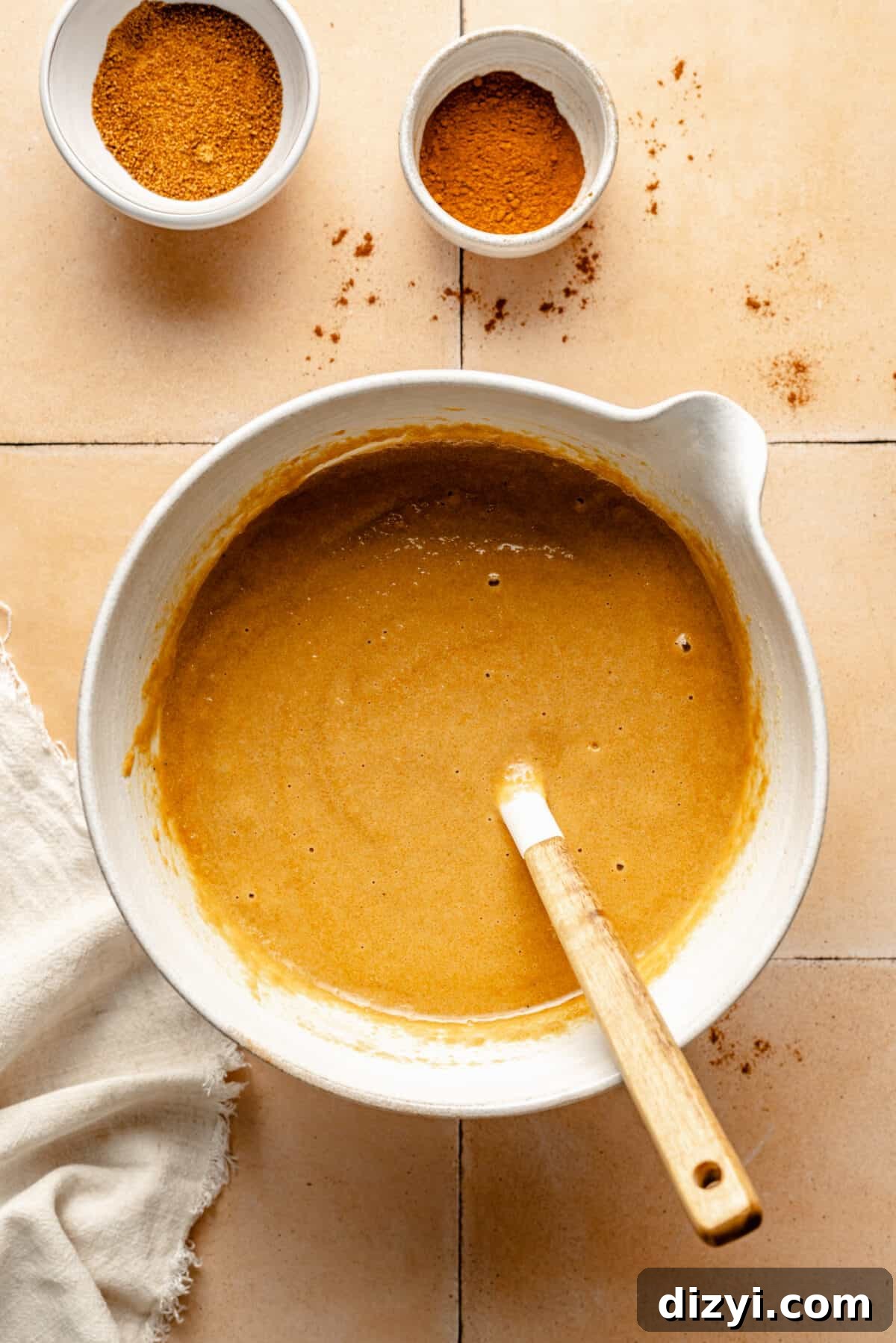 Batter mixed in white bowl.