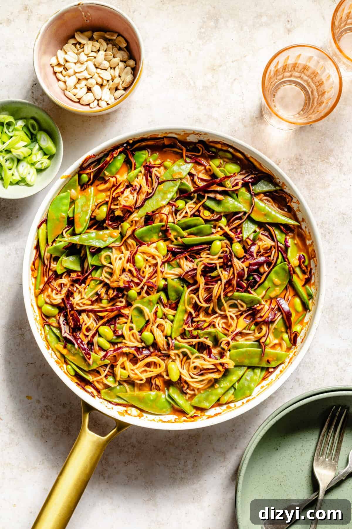 Gochujang Peanut Noodles with Crisp Vegetables 5 Gochujang and Peanut Veggie Noodles in skillet.