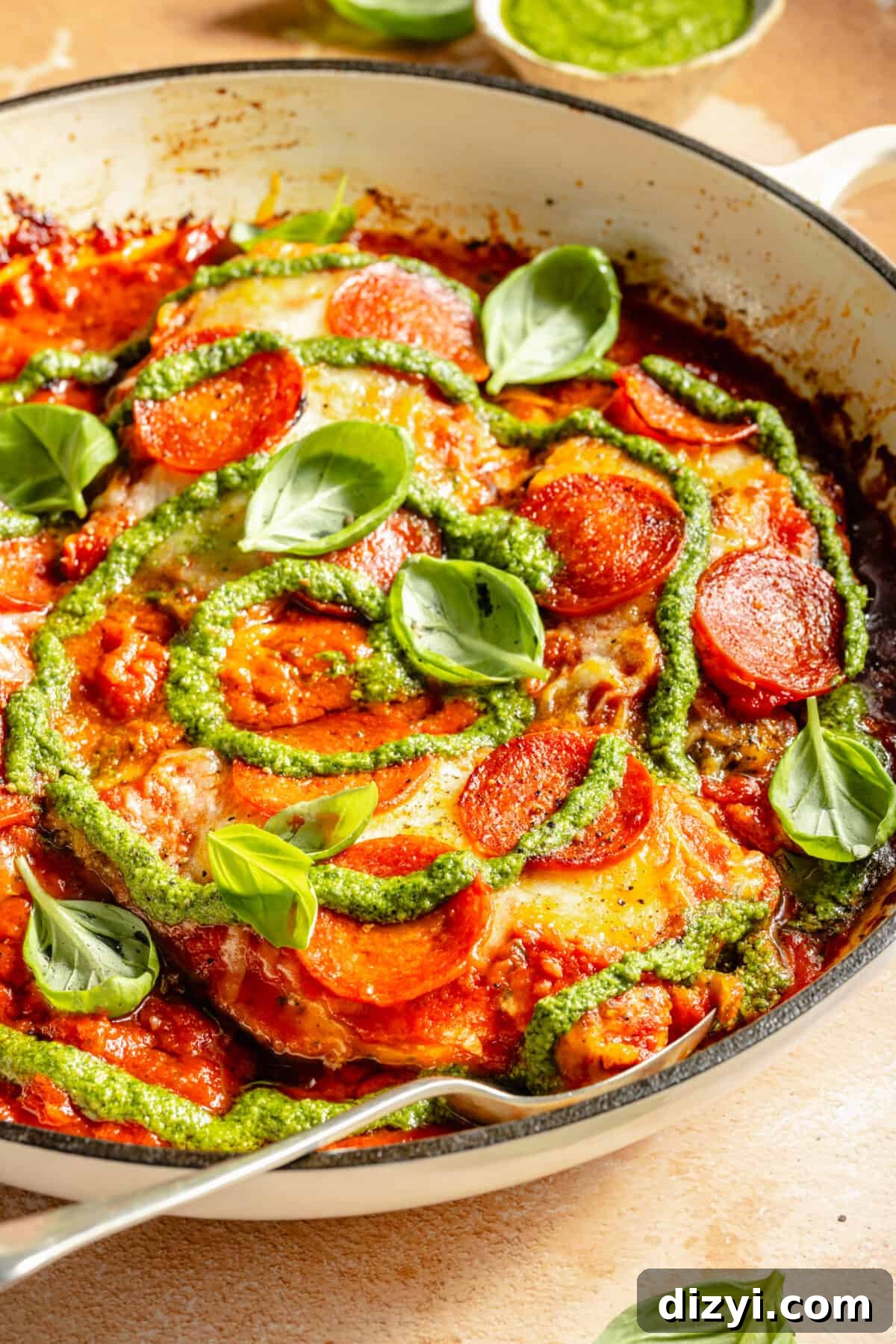 DIY Tie-Dye Chicken Craft: Colorful Step-by-Step Project 3 Tie-Dye Chicken in white skillet with pesto swirl