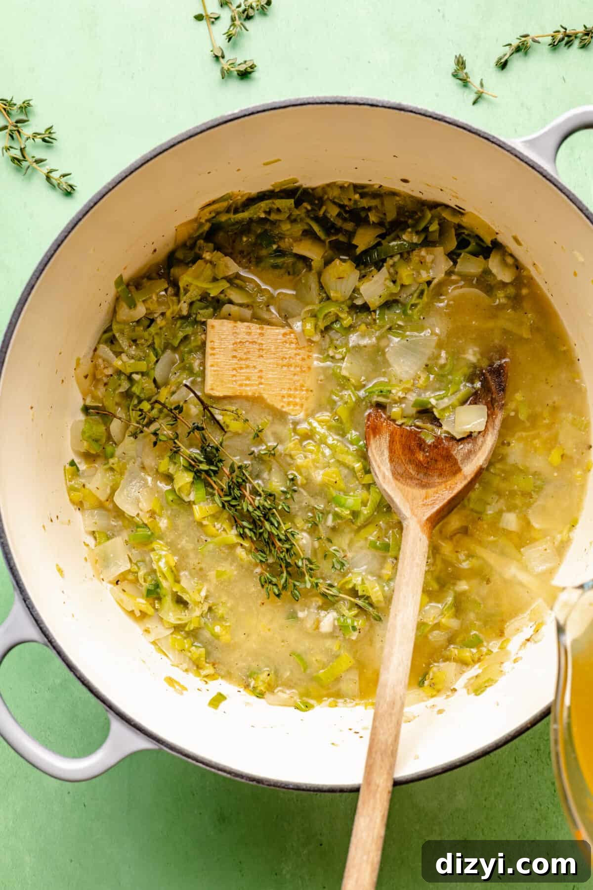 Spring Green Minestrone Soup Recipe with Fresh Spring Vegetables 5 Base of Spring Green Minestrone in dutch oven.