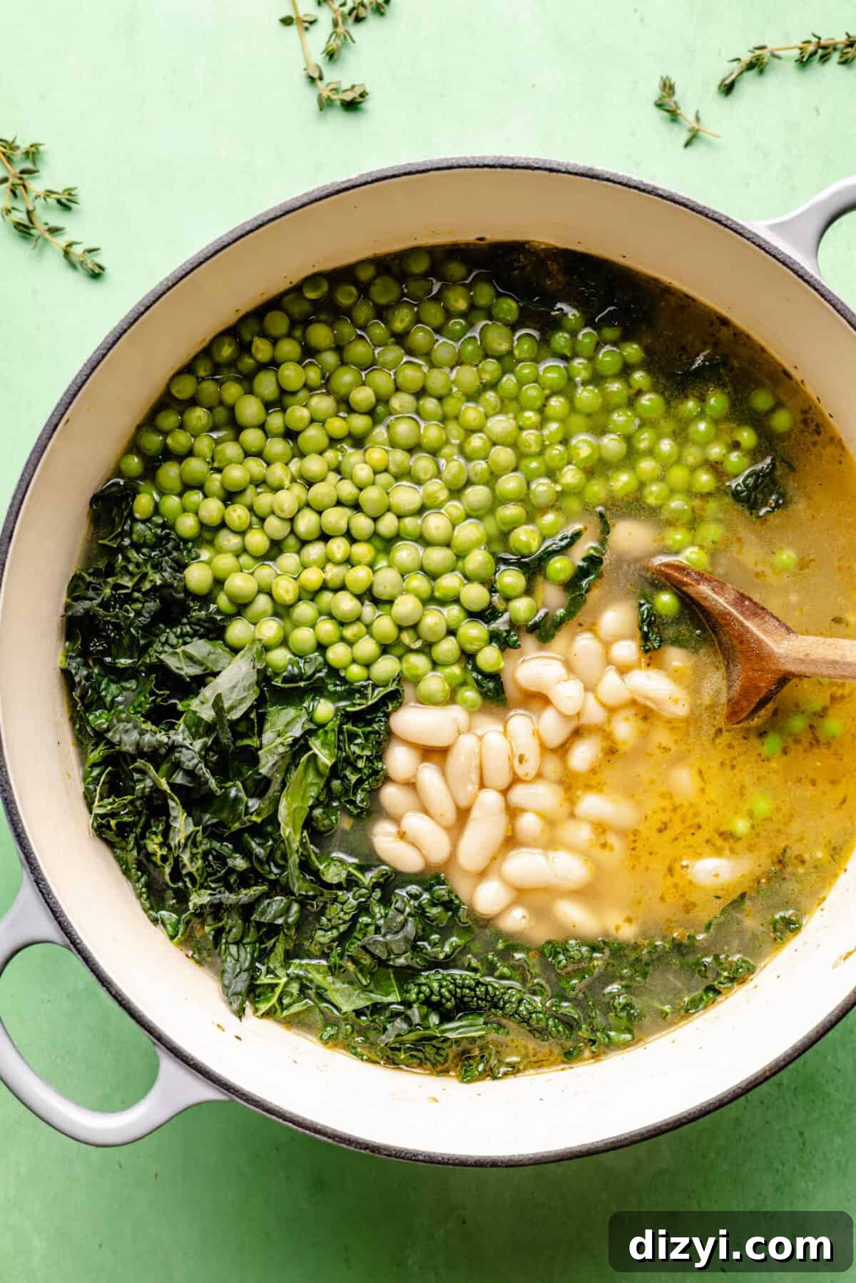 Spring Green Minestrone Soup Recipe with Fresh Spring Vegetables 6 Spring Green Minestrone with greens, peas and beans not stirred together yet.
