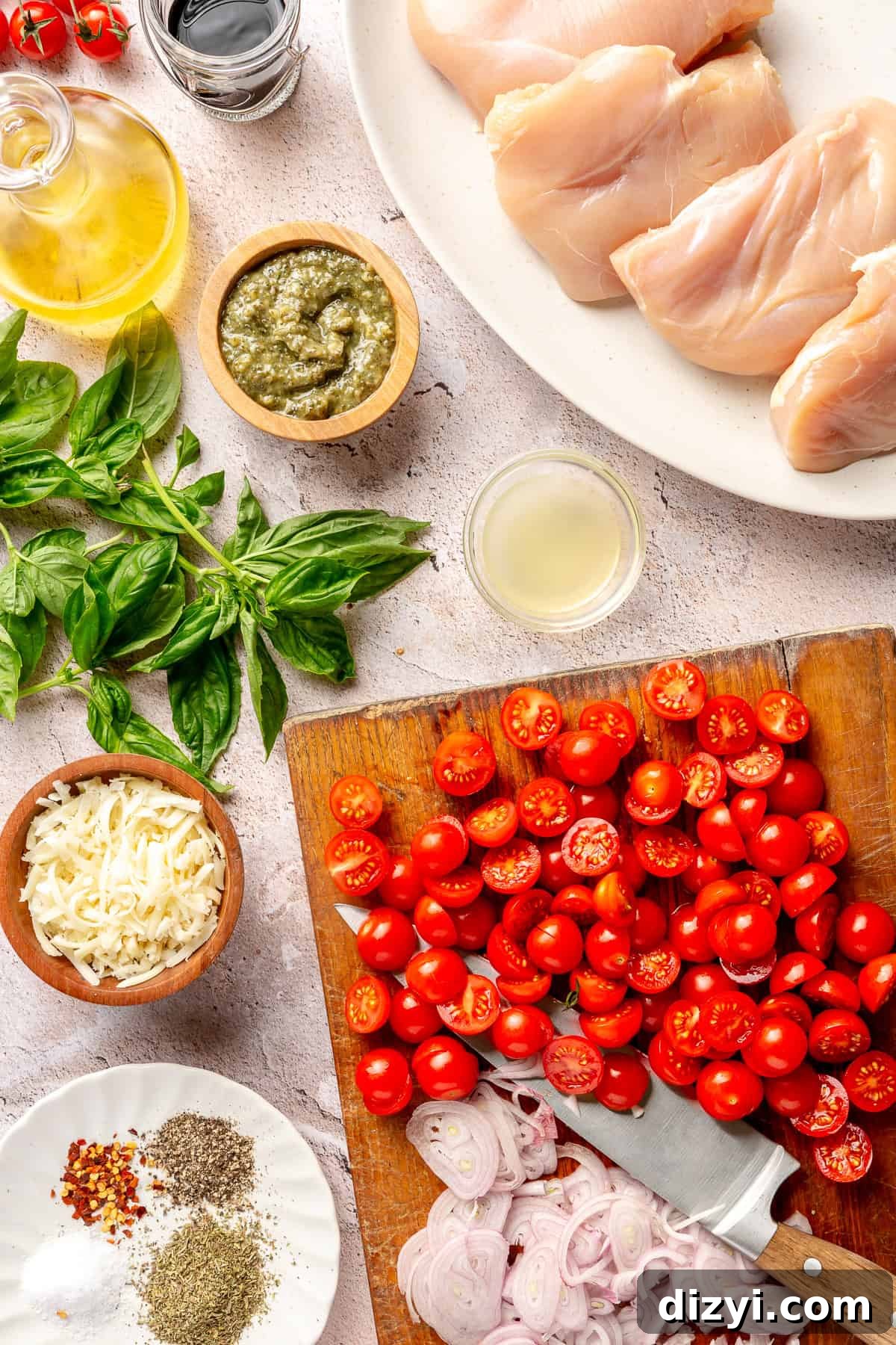 Ingredients for Caprese Grilled Chicken on counter.