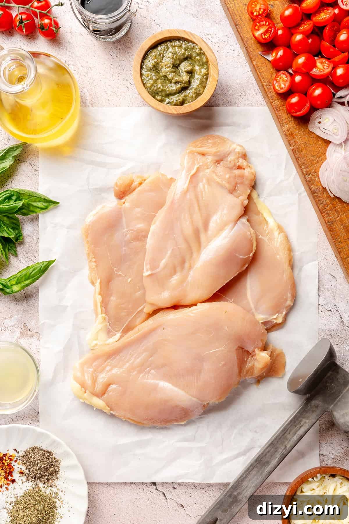 Raw chicken breasts on parchment. Other ingredients scatter around.